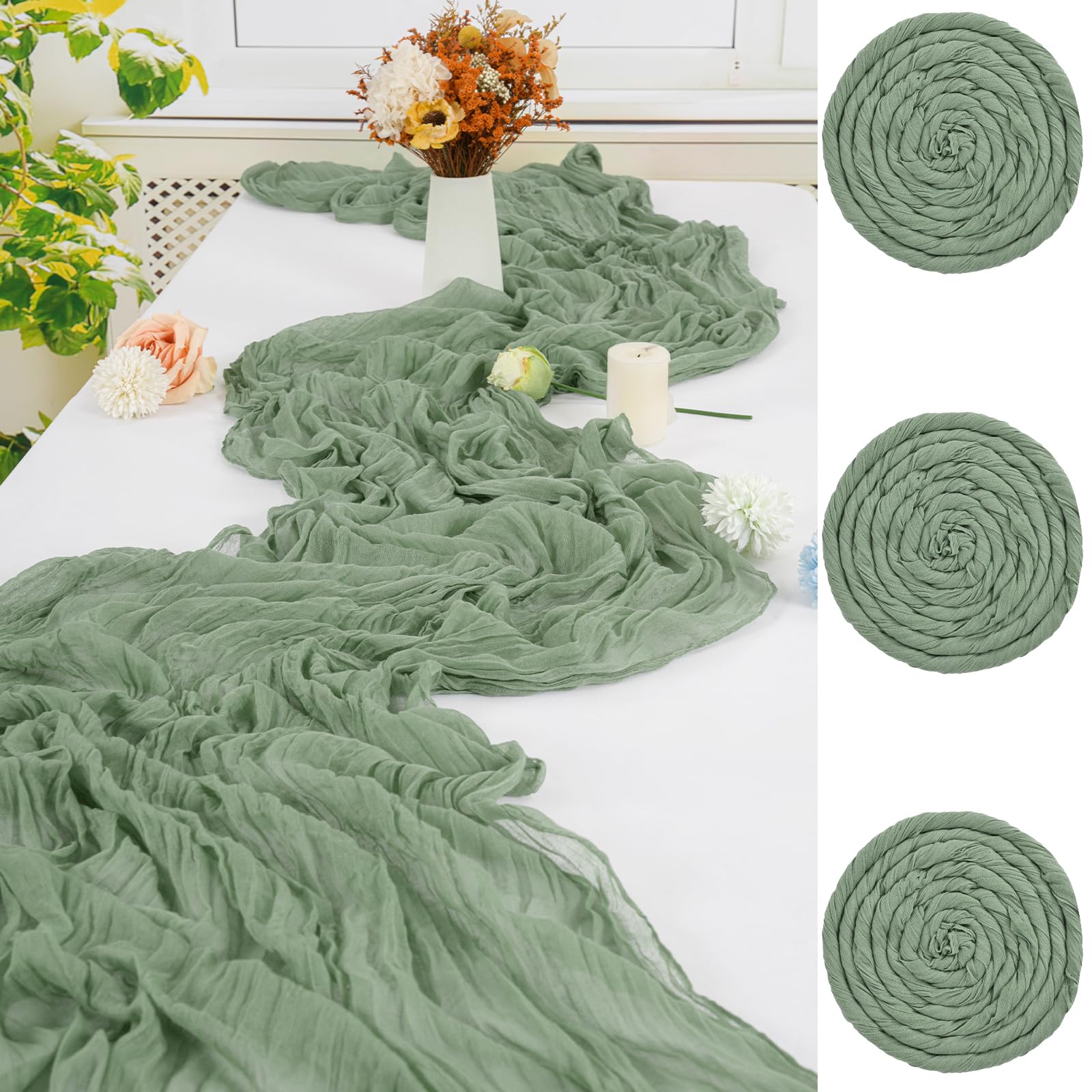 FXKS 3 PCS Sage Green Table Runner,90x300cm Cheesecloth Table Runners,Romantic Sheer Tablerunner,10FT Gauze Boho Table Runner,Rustic Cheese Cloth Table Runner for Wedding Party Bridal Shower Table — image 1