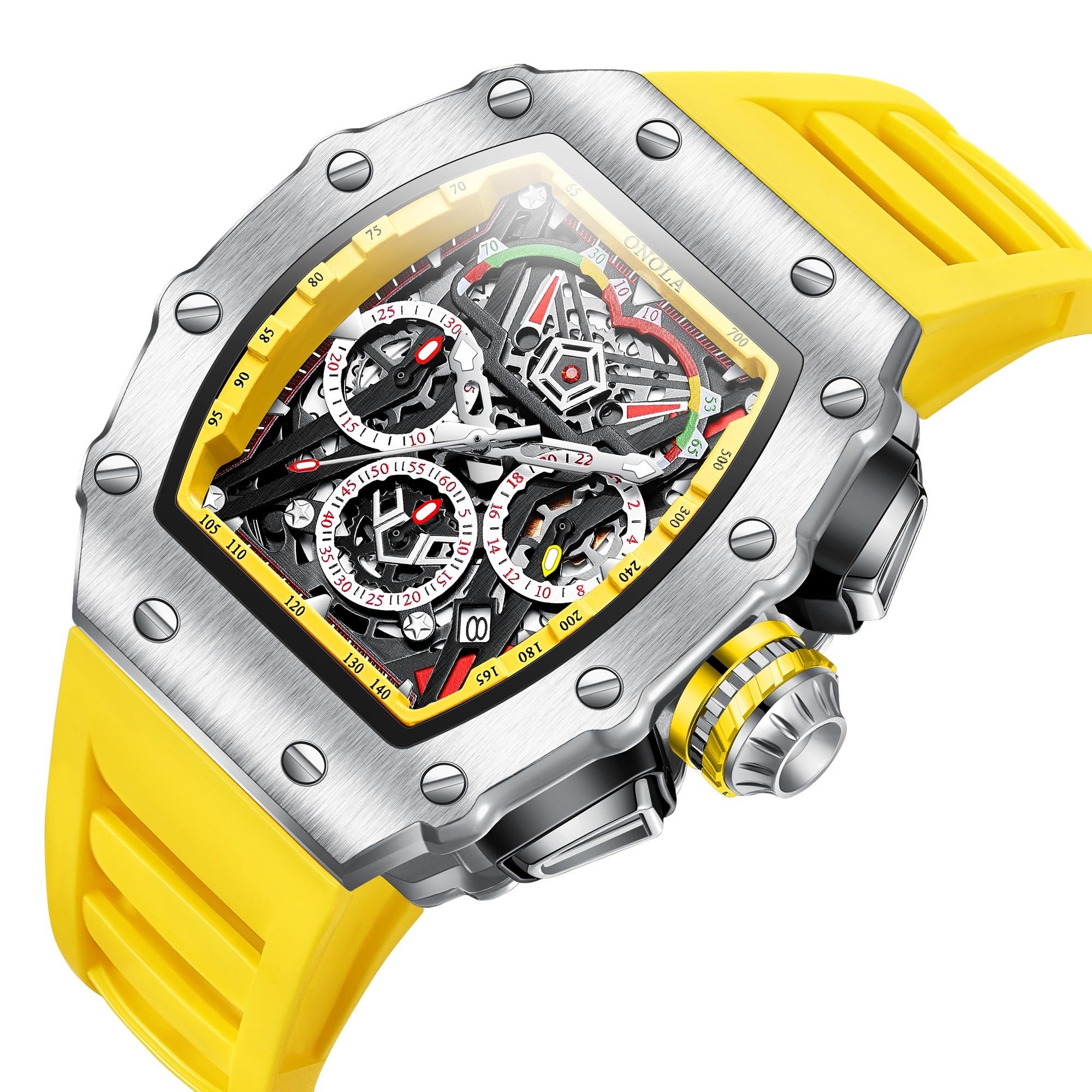 FANMIS Tonneau Orologio da uomo alla moda con quadrante scheletrato, quadrante grande, resistente all'acqua fino a 30 m, cronografo, orologio casual con cinturino in silicone, multifunzione, orologio