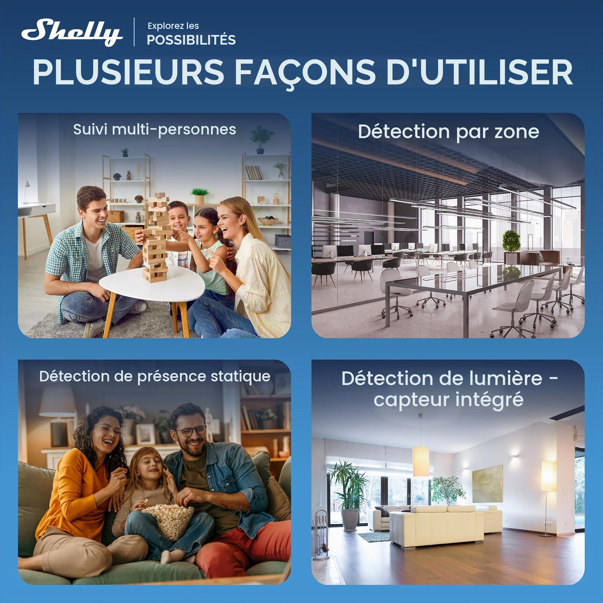 Shelly Presence Gen4 Blanc - Détecteur de Présence et Mouvement, Zigbee, Wi-FI et Matter, Portée 42 m2, 180°, Jusqu'à 6 Personnes et 10 Zones de détection, Commande vocale ou par Application