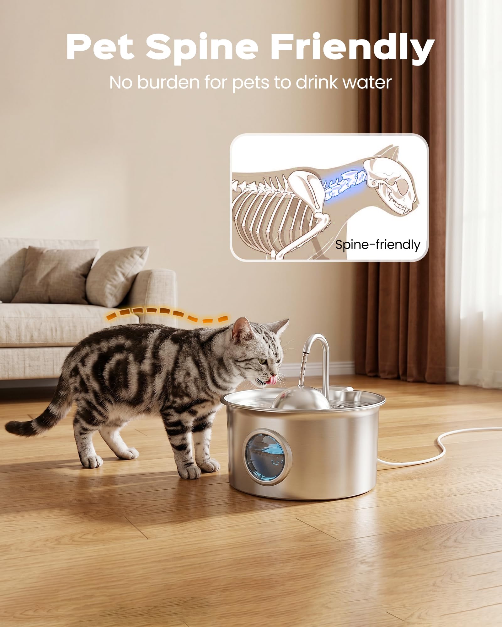 Fuente para Gatos Acero Inoxidable: Bebedero Gatos Automatico - 2.6L Fuente Gato Acero Inoxidable - Dispensador Agua Gato - Dispensador Agua Mascota - Filtración de Cuatro Capas - Hemiesférico