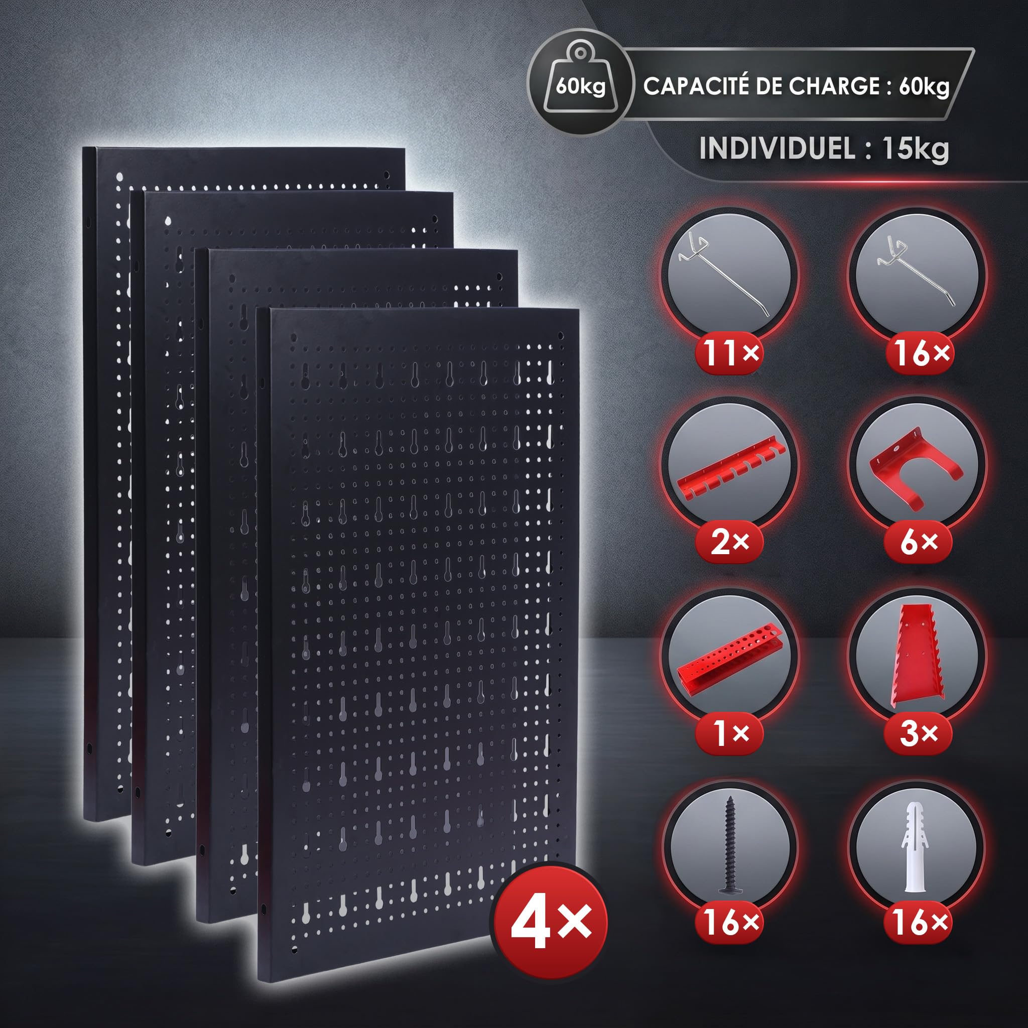 KARAT Parker - Pannello da parete per attrezzi con accessori in metallo perforato, supporto per officina e garage (nero/rosso, set di 4 pannelli)