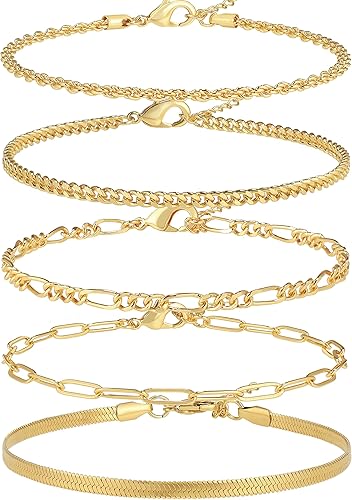 Hapuxt Delicado juego de pulseras de oro para mujer, chapado en oro de 14 quilates, con clip en capas, cubano, fígaro, serpiente, cuerda, pulseras