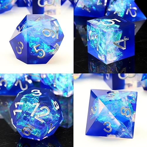 Miniatura 3 de DND - Juego de dados con bordes afilados, 7 piezas de dados DND de resina transparente azul, dados poliédricos D&D con estuche de dados para juegos