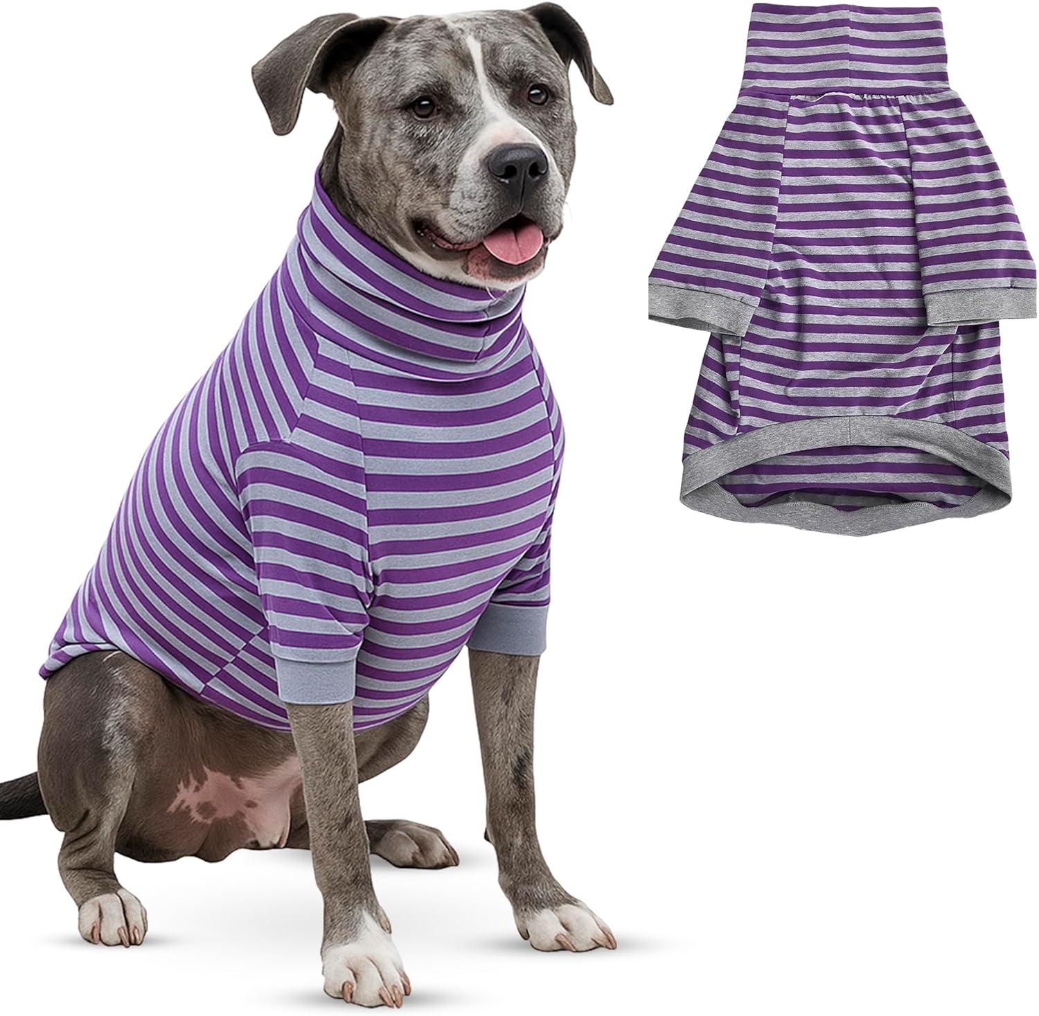 Tooth & Honey Dog Shirt for Large Dogs Purple & Grey Striped Breathable Cotton & Spandex Pullover, Full Underbelly Coverage, Lightweight Long Sleeve Dog Clothes