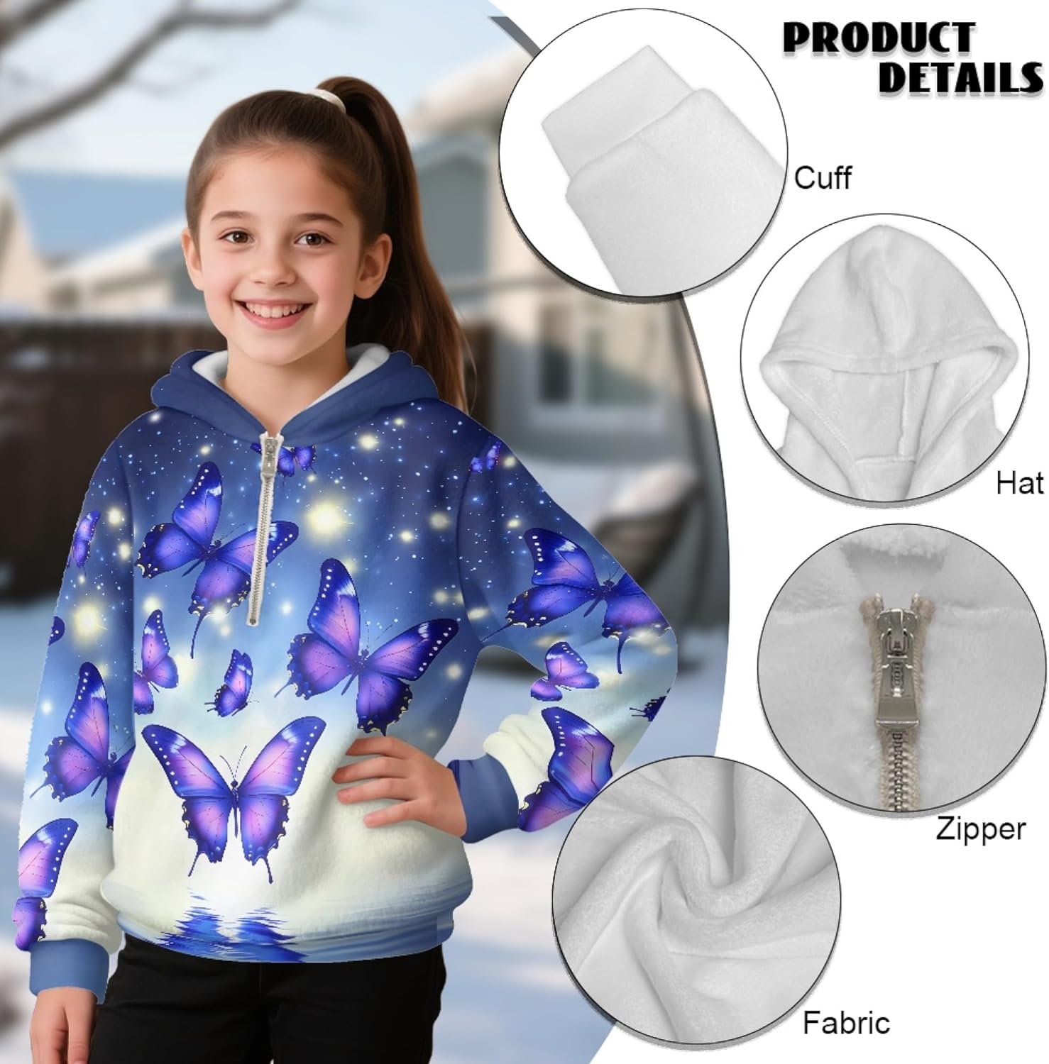 AmzPrint Girl Half Zip Pullover Fleece Sweatshirts Long Sleeve Streetwear Activewear Hoodie For Little Girls