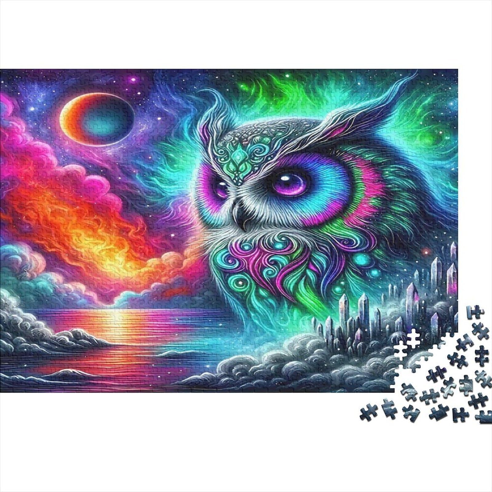 Psychedelic Owl 1000 Piece Puzzles For Adults 1000 Pieces Puzzle Vibrant Galaxy Scene Relaxation Focus Home Decor Gift 38x26cm/1000pcs
