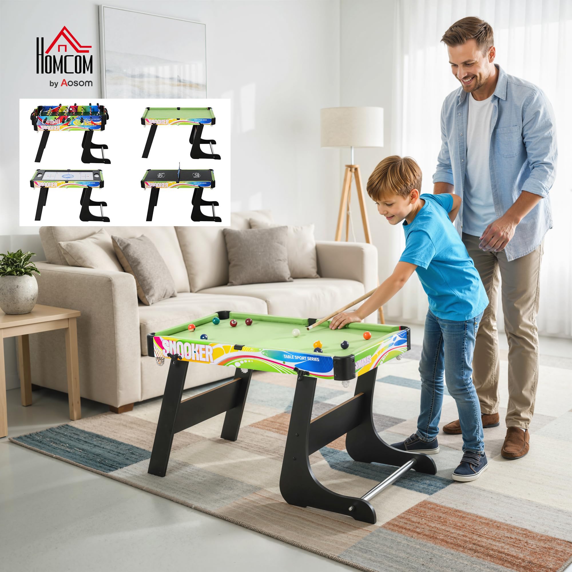 HOMCOM Mesa Multi Juegos Plegable 4 en 1 con Futbolín, Hockey, Billar y Ping-Pong, Mesa de Juegos de Sobremesa con Accesorios Incluidos, Diversión en Casa, 86,5x43,5x64 cm