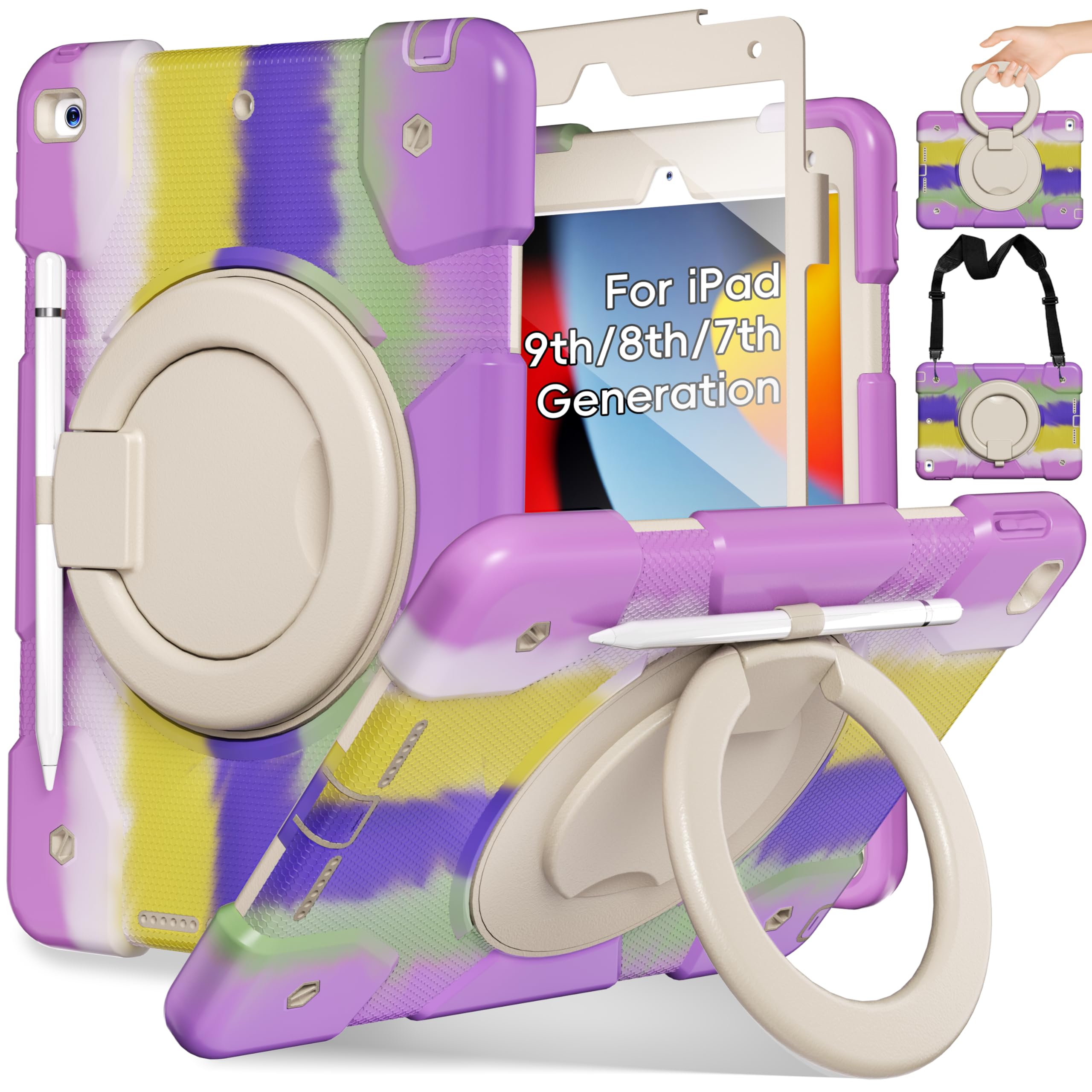 Andnary Case for iPad 9th/8th/7th Generation 10.2 inch, Shockproof Cover with Screen Protector/360° Rotating Handle/Bracket/Pen Holder/Shoulder Strap,