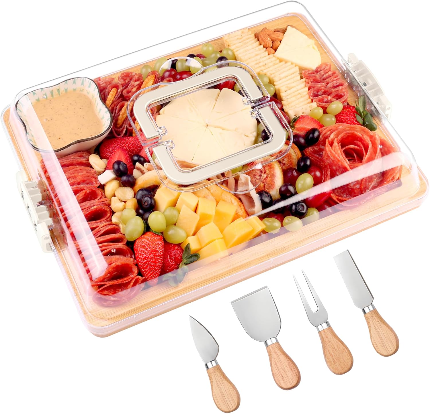 Charcuterie Board with Lid and Handle – Portable Travel Design Bamboo Cheese Board Set with 4 Cheese Tools, Gift for Housewarming, Weddings, Picnics (1 Compartment, White) Charcuterie Board with Lid and Handle – Portable Travel Design Bamboo Cheese Board Set with 4 Cheese Tools, Gift for Housewarming, Weddings, Picnics (1 Compartment, White)