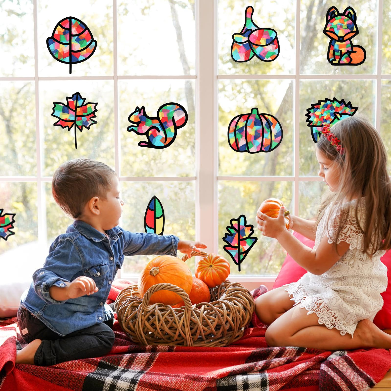 Herbst Bastelset Mit 12 Fensterbildern - DIY Deko Für Kinder Mit Blättern & Tieren