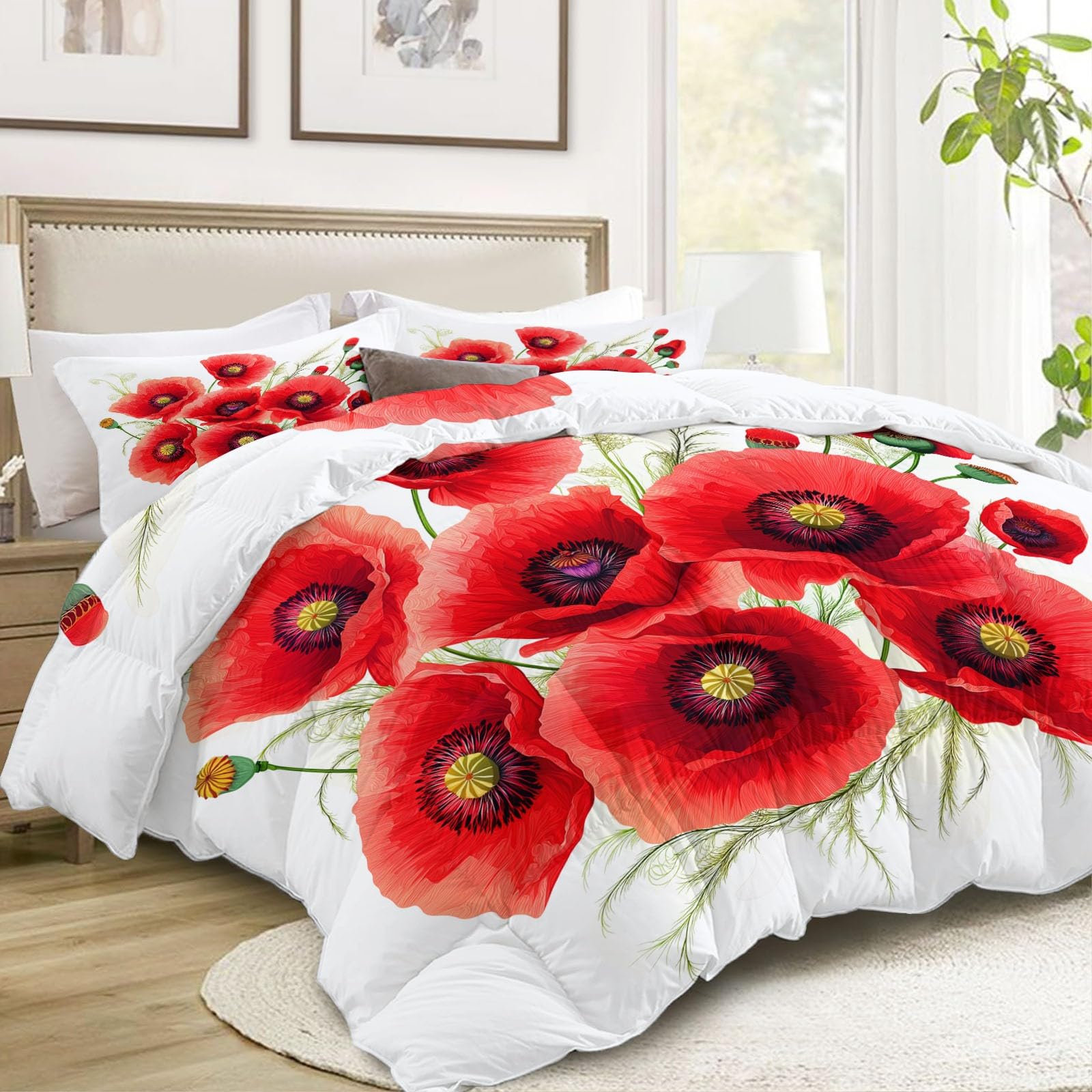 135 x 200 cm Bettdecke 4-Jahreszeiten Steppdecke 3-teilige Bettwäsche, Gelb Traditionell Blumen Mohn Weiche Microfaser Steppdecke Winter & Sommerdecke für Erwachsene, Kinder & Allergiker