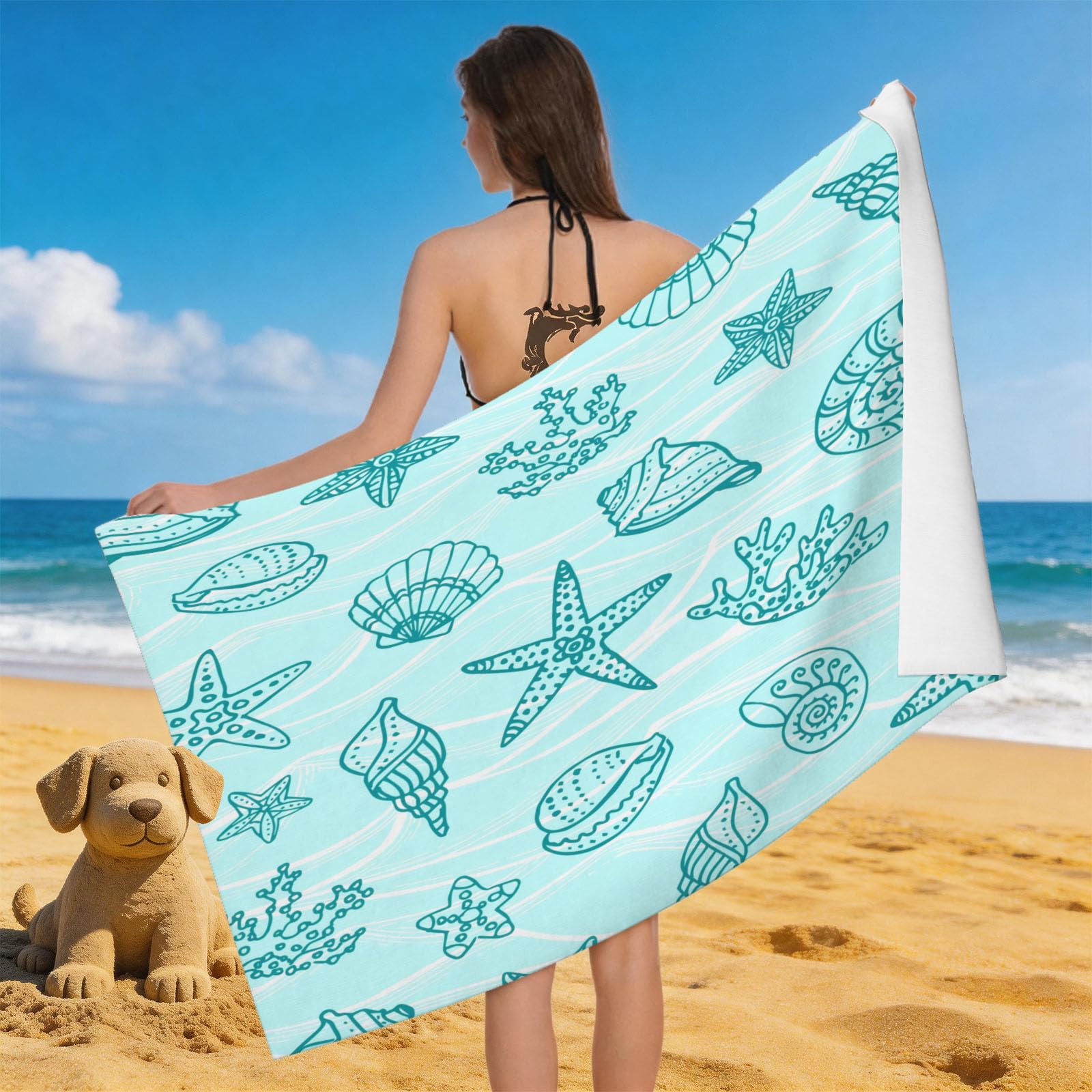 Leichong 3D Ocean Theme Beach Towel Microfiber Soft Quick Dry for Adults, Starfish Bath Towel Lightweight Soft Absorbent for Travel Swimming Pool Sports, 75 x 150 cm