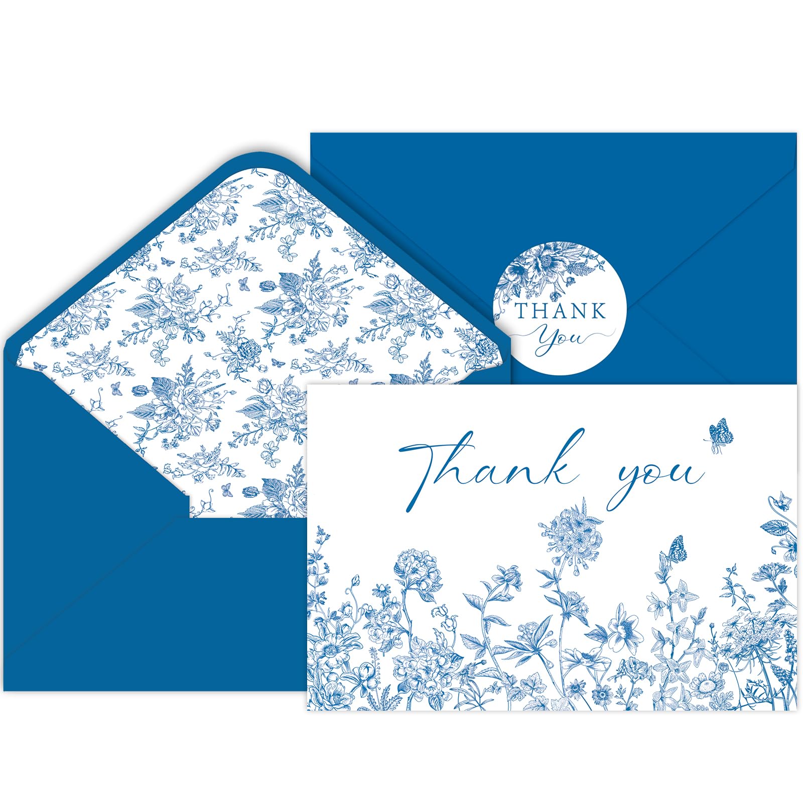 SMUAENSS 48 Pack Blue Floral Thank You Cards With Envelopes and Stickers, Blue Porcelain Flowers Thank You Cards, for Bridal Appreciation Banquet,