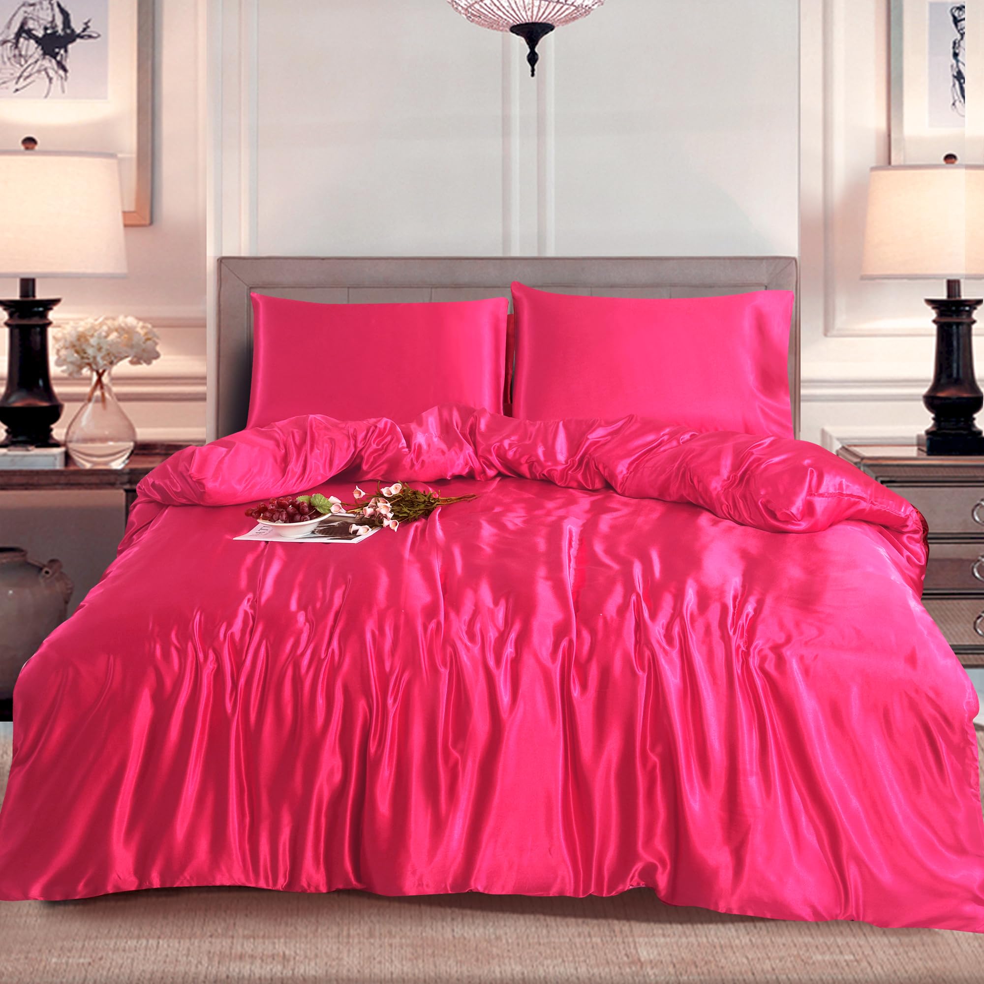 BOSKI LONDON Luxury Satin Silk Duvet Cover Set | 3 Piece Bedding Set with Pillowcases | Soft Breathable Quilt Cover with Zip | Single Double King Sizes (FUCHSIA, DOUBLE)