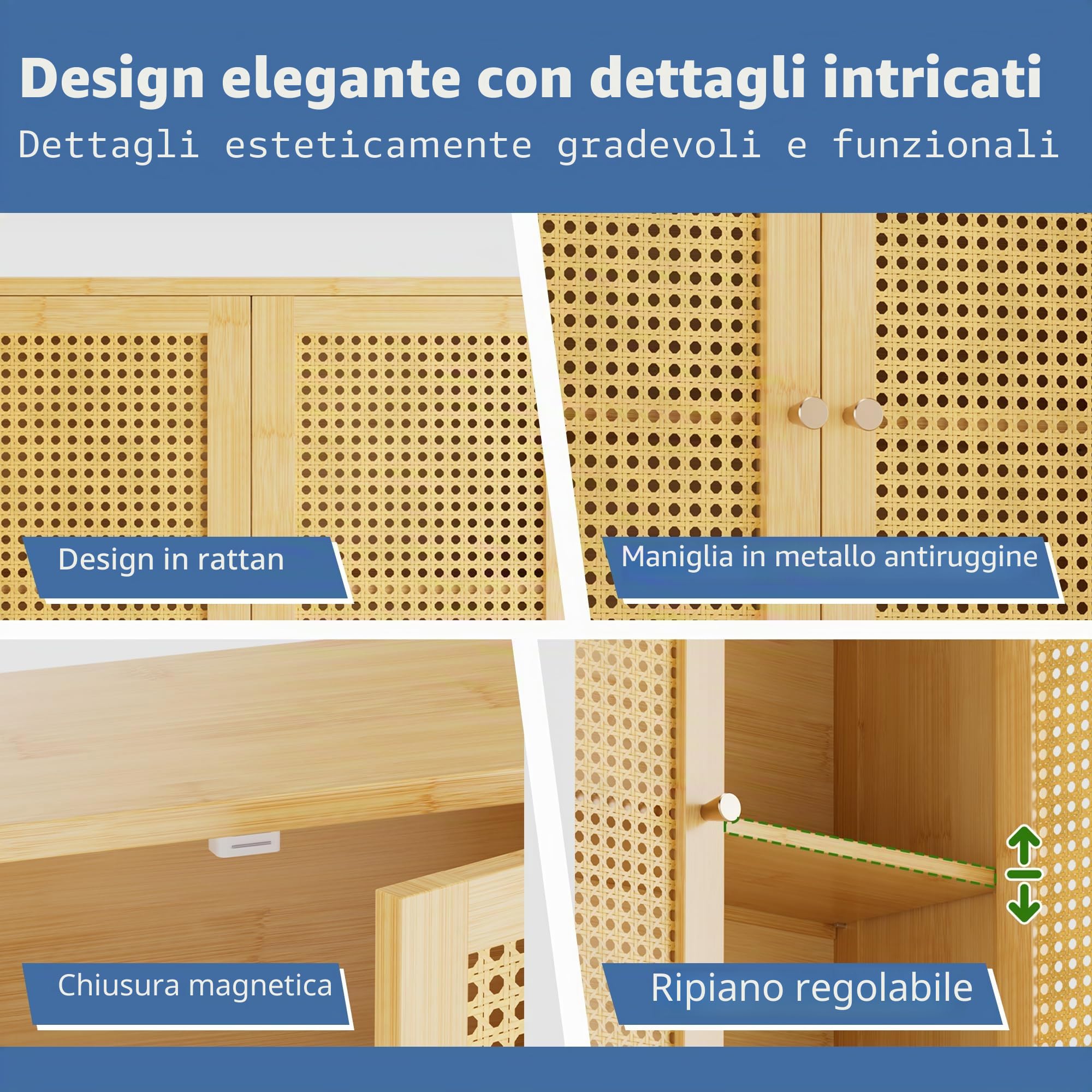 HITNET Mobile Bagno Sospeso in Rattano, Armadietto da muro bagno in Bambù con Ante Doppie e Ripiani Regolabili, Archiviazione sopra il Water per Cucina, Soggiorno, Lavanderia, Naturale‌