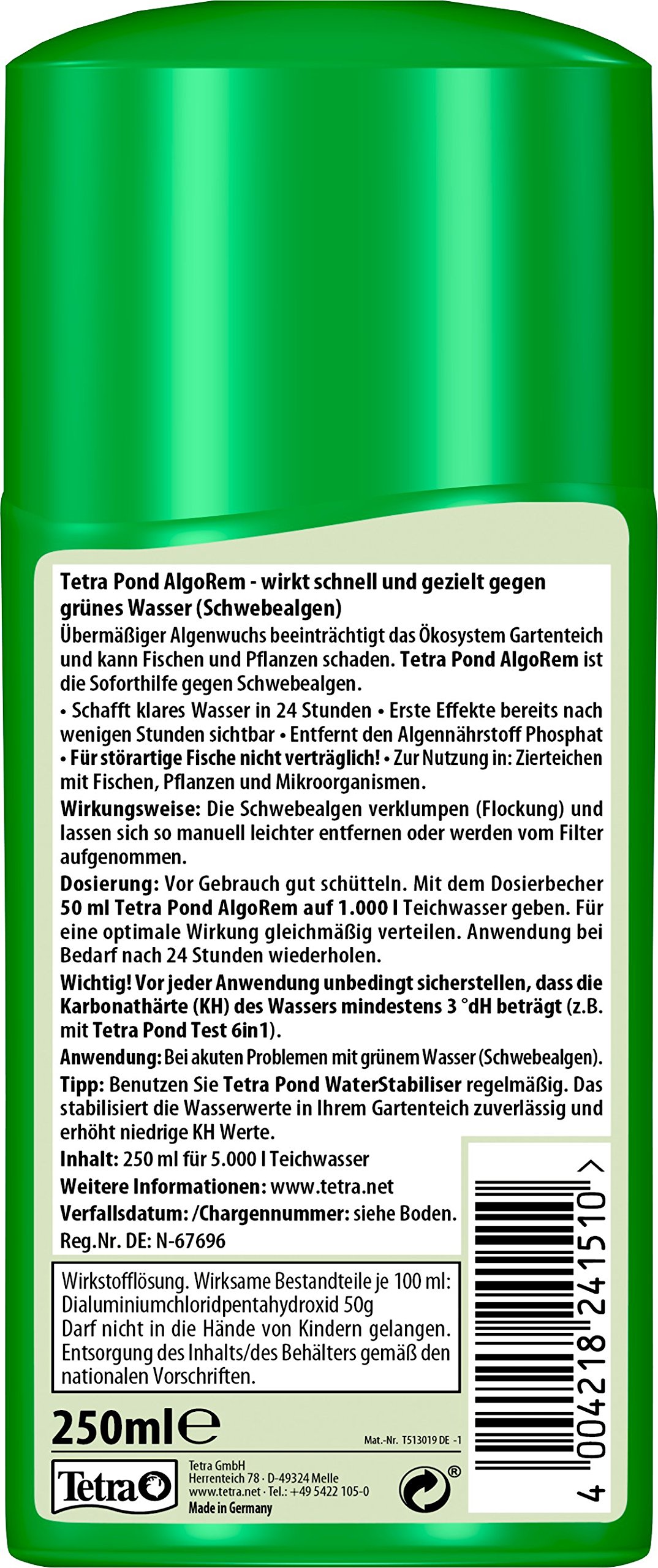 Tetra Pond AlgoRem – 24-godzinna natychmiastowa pomoc przeciwko zielonej wodzie w stawie ogrodowym, zwalcza unoszące się algi, butelka 250 ml
