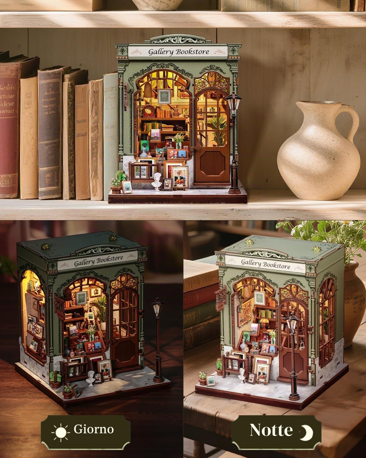 CUTEBEE Book Nook: Kit Casetta Fai da Te, Miniatura Retro in Legno 3D, Fermalibri Decorazione (Gellery Bookstore)