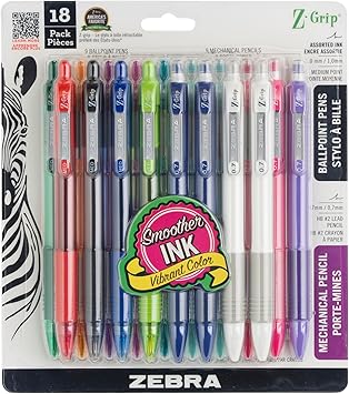 Zebra Pen Z-Grip Retractable Ballpoint Pen and Mechanical Pencil Set, Medium Point, #2 HB Lead Pencils, Assorted Ink Colors, School Supplies, Teacher Supplies, and Office Supplies, 18-Pack (23618)