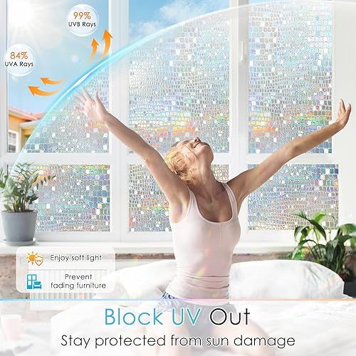 Miniatura 4 de rabbitgoo Película decorativa de privacidad para ventana, diseño de arco iris, adhesivo 3D para ventana, bloqueo solar anti-UV, control de calor,