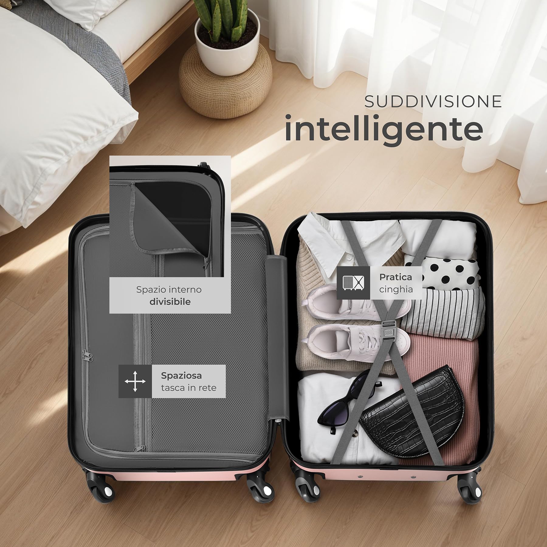 tectake® Set Valigie Pucci, Set di Valigie con Rotelle Girevoli a 360°, Beauty Case Incluso, Trolley da Viaggio, Serratura di Sicurezza, Adatto per Tutti i Tipi di Viaggi - Rosa Dorato