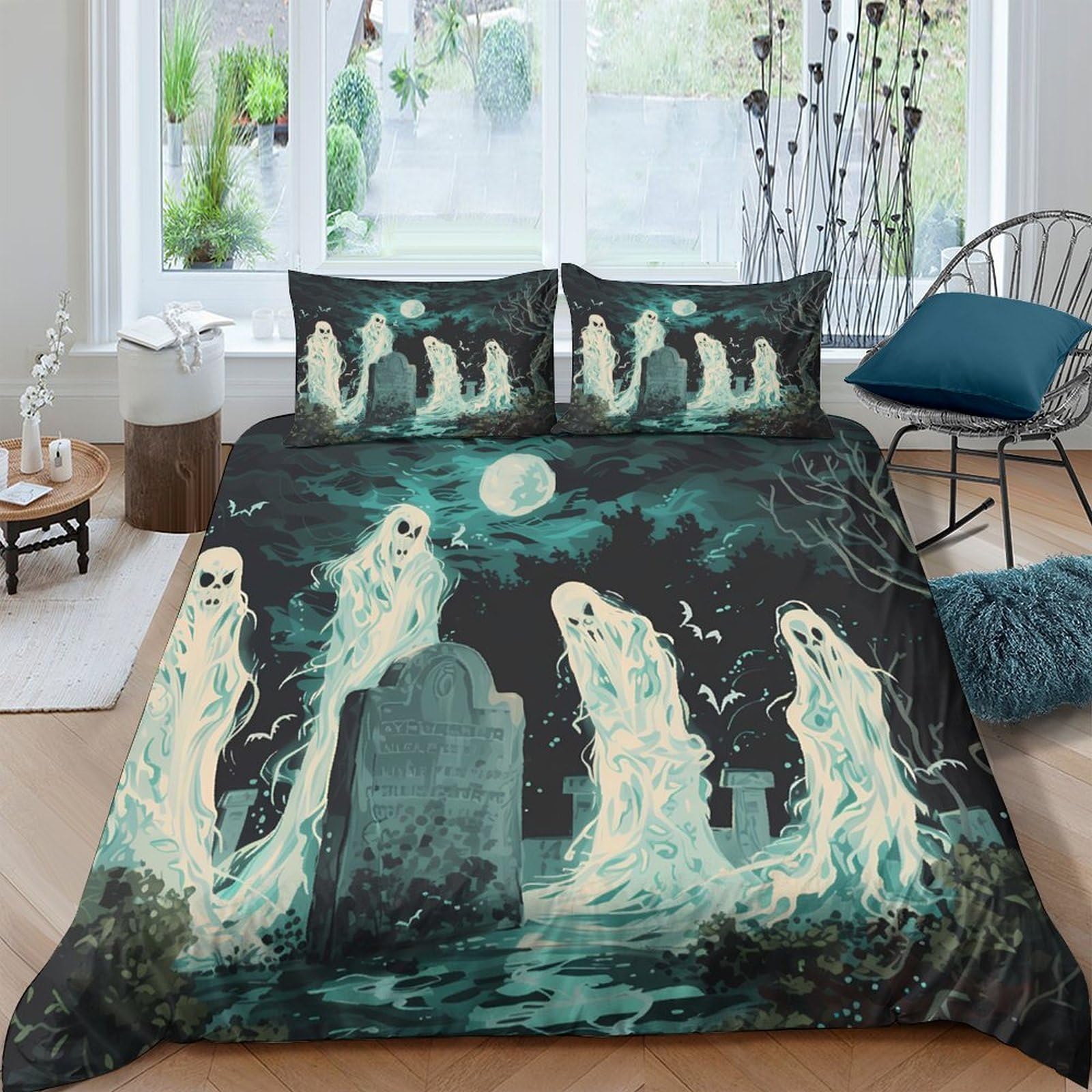 Ctjqhvkz Style-3 3D Printed Ghost Cemetery Fitted Sheet Microfiber Dark Night Moon Mattress Cover For Bedroom Dorm Room Décor Single（135X200cm）