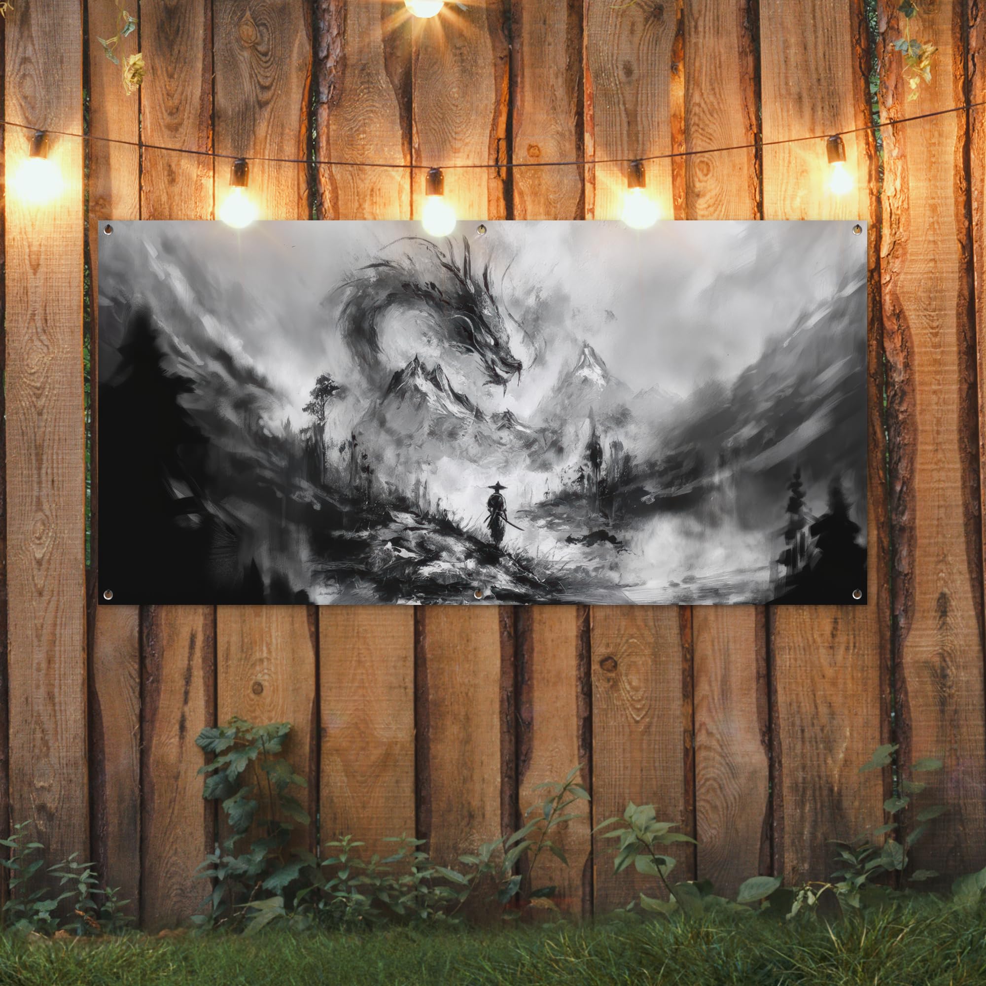 MuchoWow© Decoracion Jardin Exterior Decoración Pared Póster De Jardín | 160x80 cm - Balcón Wall Decoration Patio Posters Decorativos Terraza Guerrero - Dragón - Gris