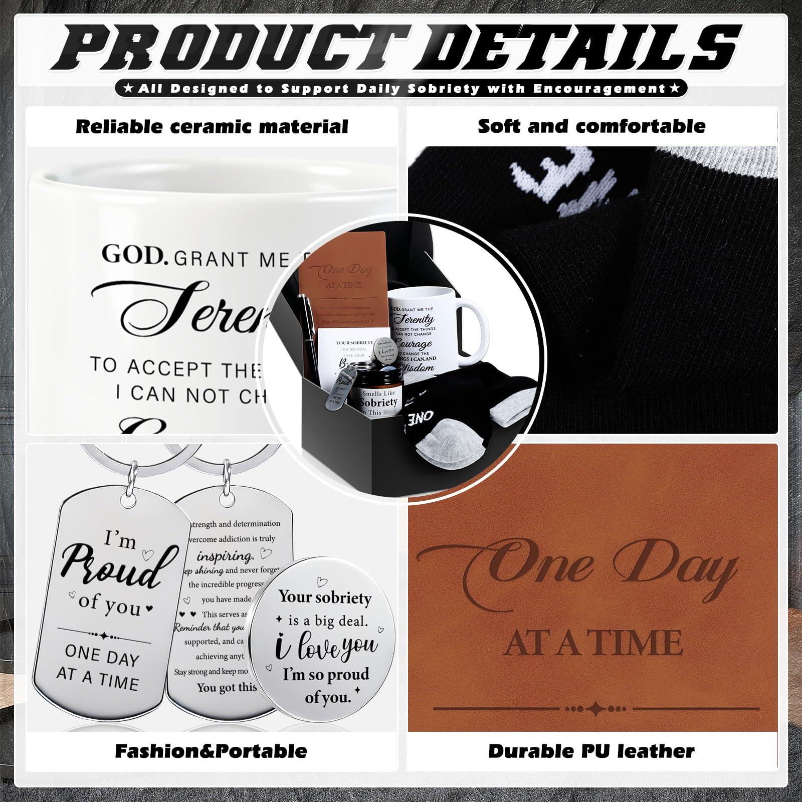 8 Pcs Sobriety Gifts for Men Women Sober Anniversary Present Set Alcoholics Anonymous Gifts Include Mug Socks Candle Journal Pen Sober Card Coin & Keychain Meaningful Sobriety Black Gift Box