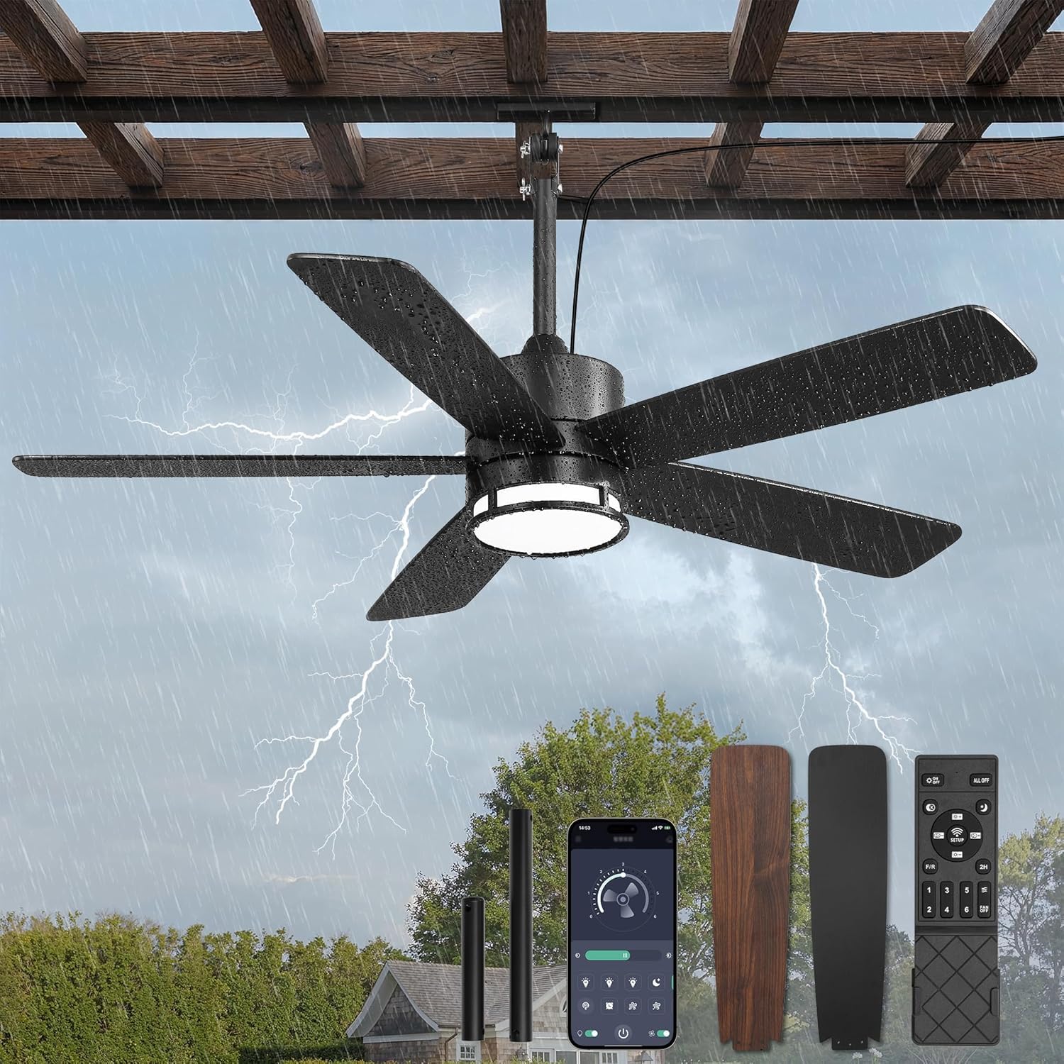 116cm Outdoor Deckenventilator mit Beleuchtung für Draußen LED Ventilator Deckenleuchte Leiser DC-Motor mit Fernbedienung 6 Geschwindigkeiten Sommer-Winterbetrieb für Wohnzimmer Schlafzimmer