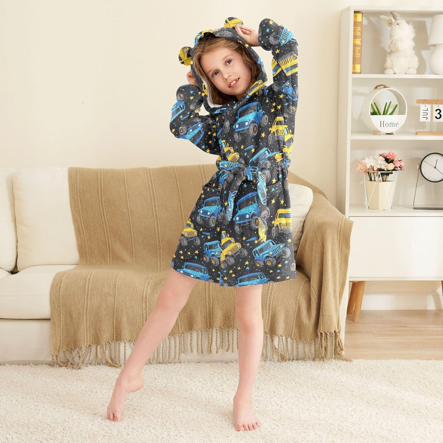 Cartoon Blue Yellow Monster Truck Cars Bathrobe Hooded PJ Robe Plush Fleece Robe Pajama Sleepwear 2-12 Years
