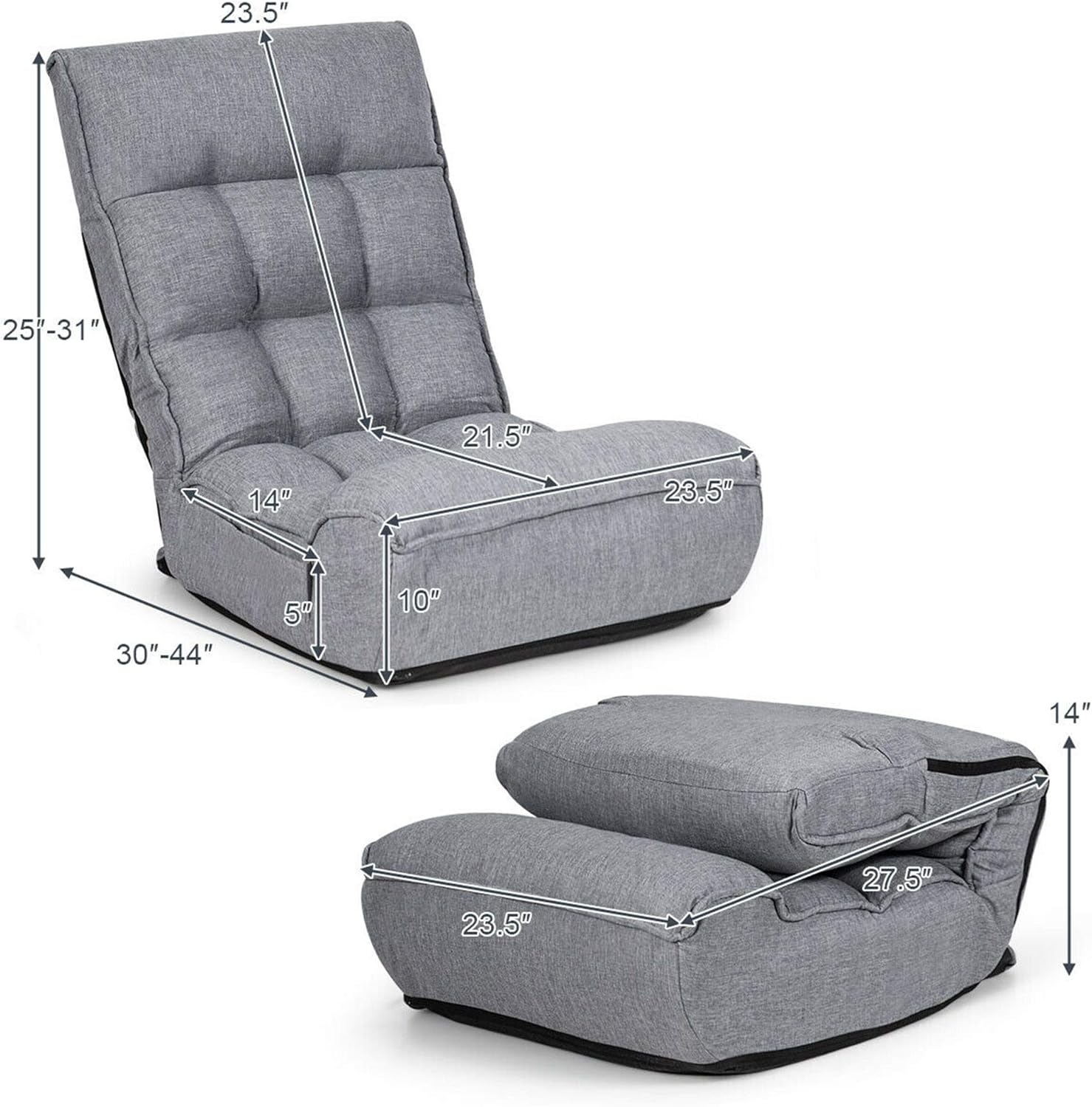 Diagram showing the dimensions of the DORTALA Foldable Floor Chair when unfolded and folded.
