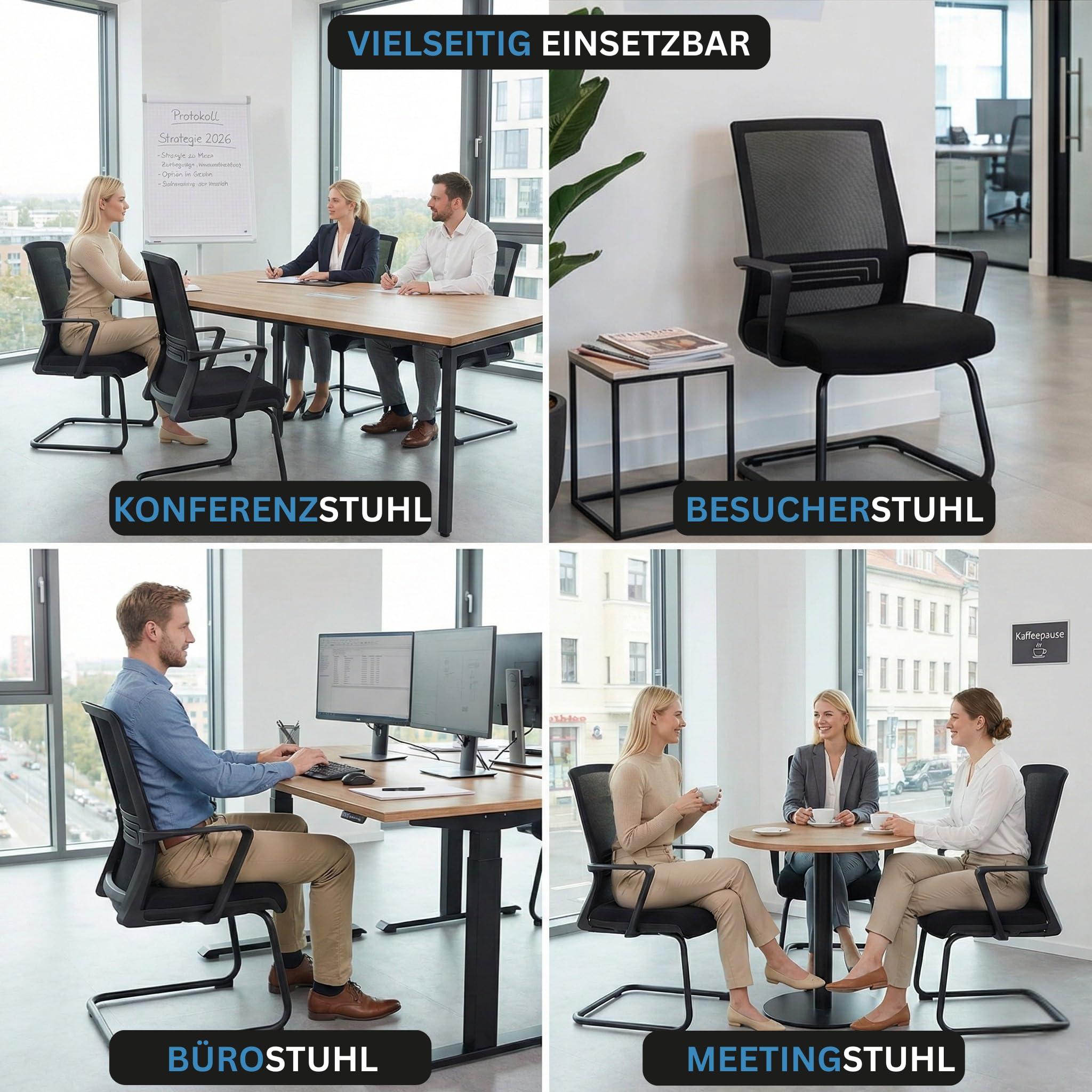 VALKENSTOL K1 Konferenzstuhl Freischwinger Schwarz mit Armlehne - Ergonomischer Besucherstuhl mit verstellbarer Lordosenstütze & Netzrücken - Robuster Bürostuhl ohne Rollen, Wasserabweisend, bis 150kg