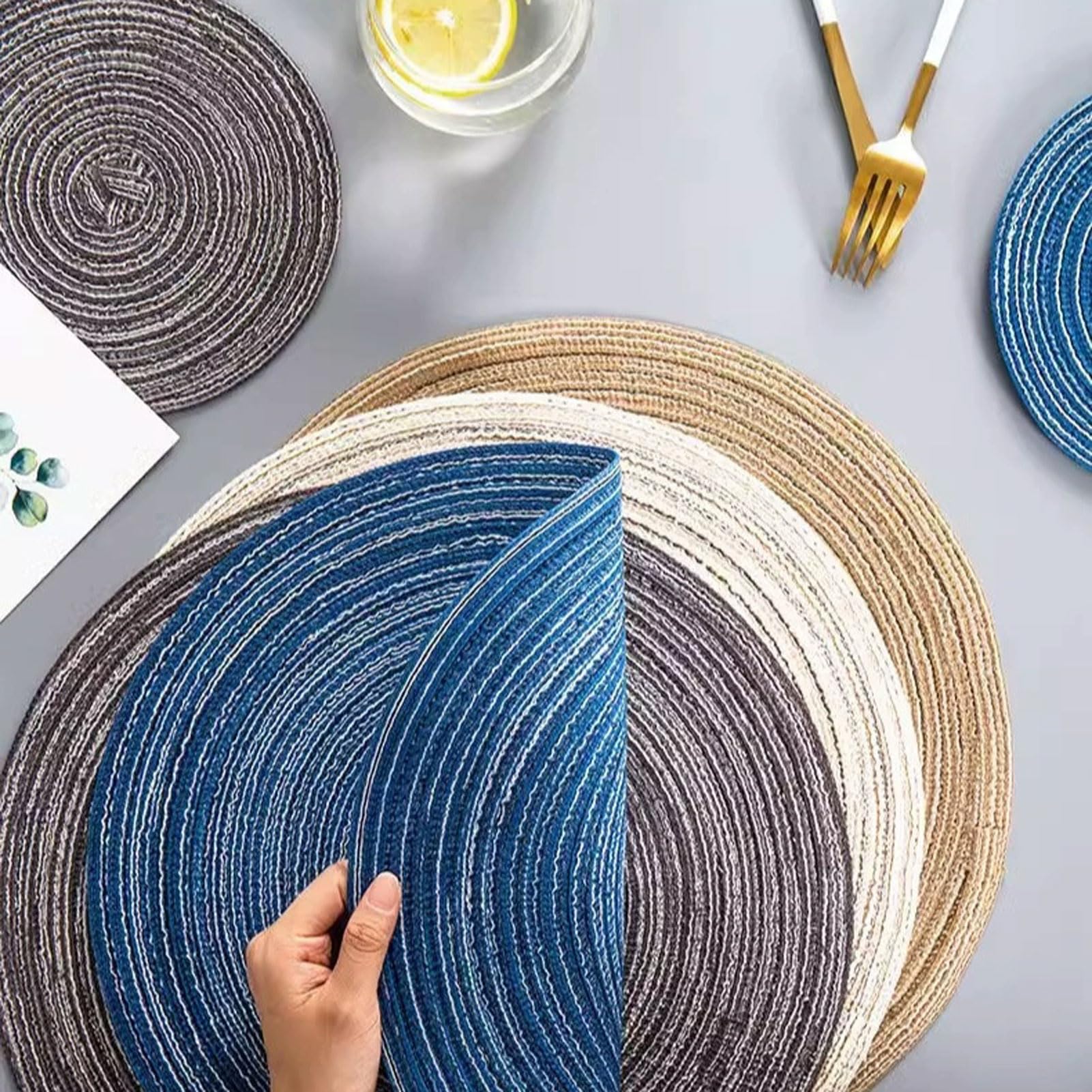 Okrągłe podkładki pod talerze, odporne na wysokie temperatury, antypoślizgowe, rattanowe, do jadalni, na kubki, miski, talerze i gorące garnki, 38 cm, wystrój w stylu wiejskim