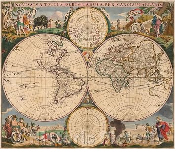 الخريطة التاريخية - Novissima Totius Terrarum Orbis Tabula، Per Carolum Allard/The Last of The World Table بقلم تشارلز ألارد، 1685، كاريل ألارد - فن حائط عتيق 30 بوصة x 24 بوصة
