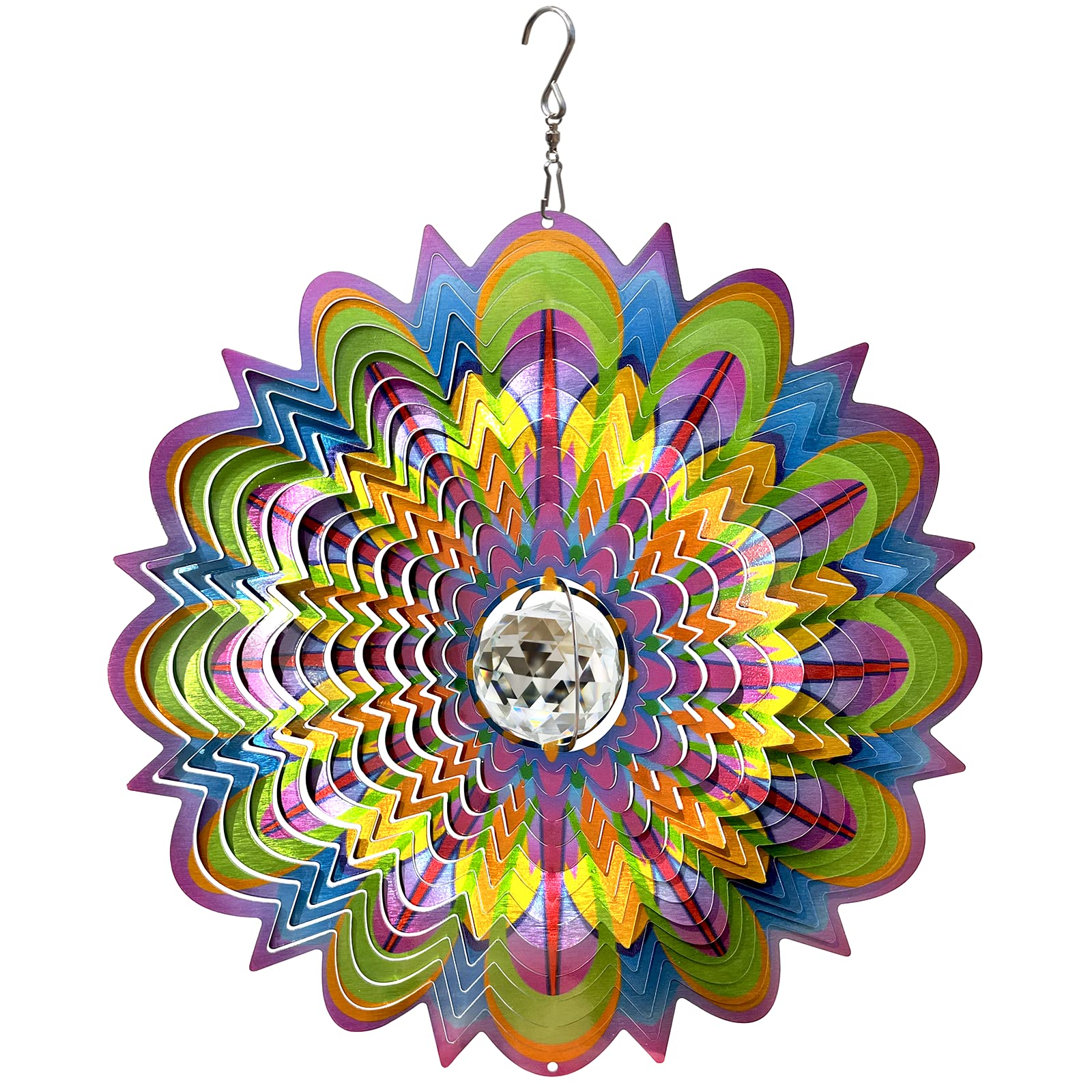 FONMY Mandala Wind Spinner w/Crystal Ball-Bloosom 3D Stainless Steel Suncatcher Hanging Spinners Worth Gift Christmas Decoration Indoor/Outdoor Garden Décor Kinetic Yard Art 12 Inches Wind Sculpture