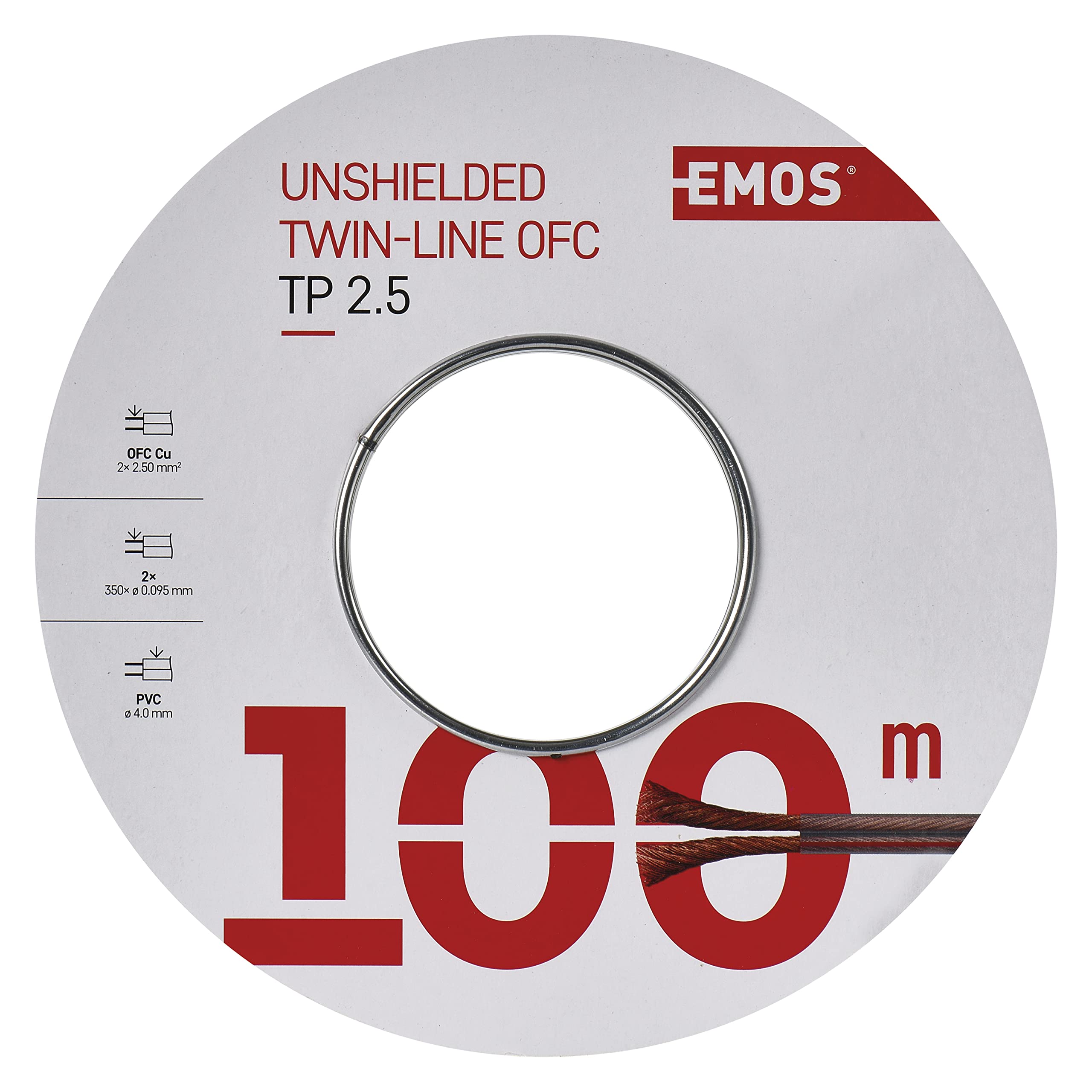 EMOS Câble de haut-parleur OFC 2 x 2,5 mm² - 100 m - En cuivre pur - Pour haut-parleurs et systèmes Surround - Transparent - Avec marquage polarité