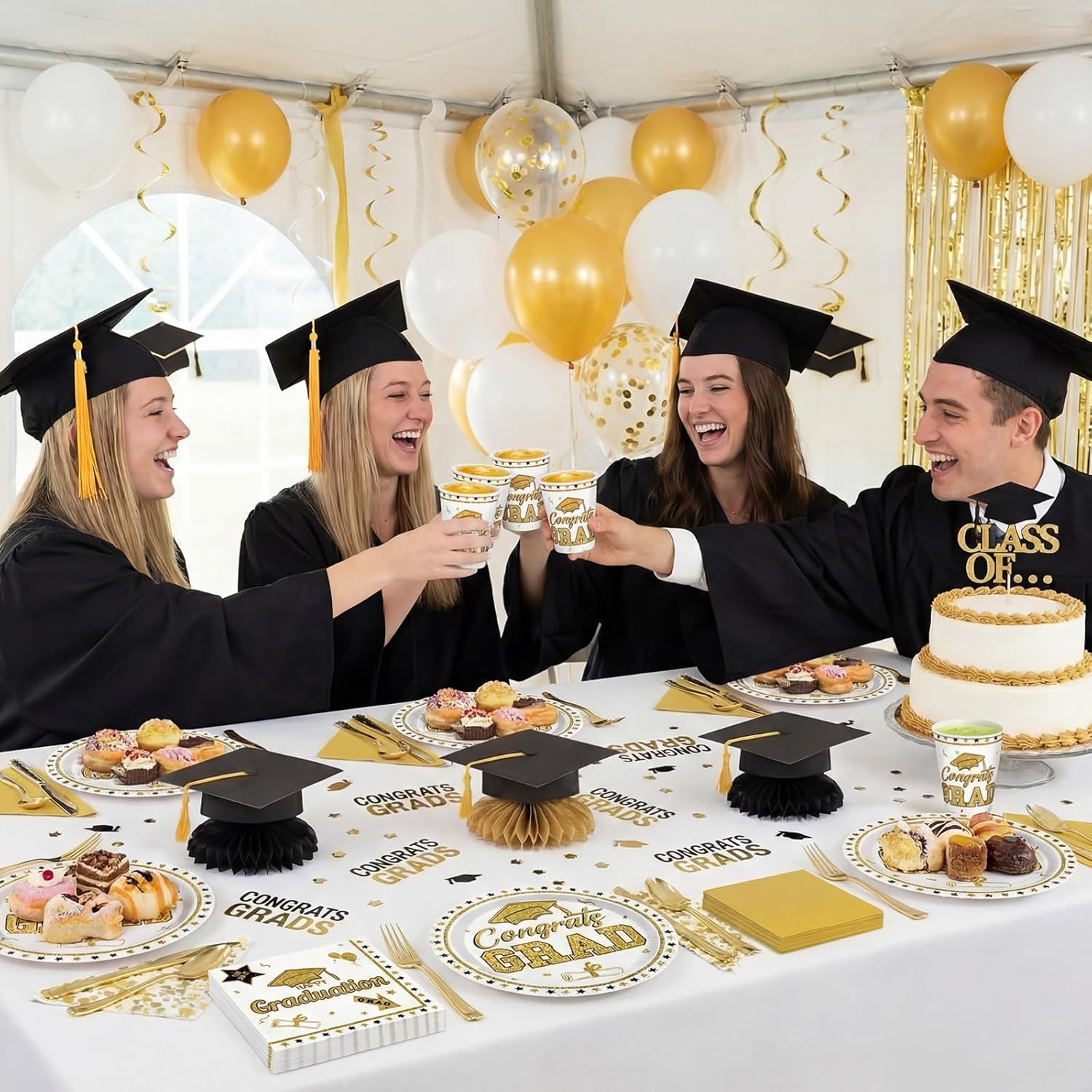 Zhehao 240 Pcs 2026 Graduation Plates and Napkins Set Serve 30, White and Gold Graduation Party Supplies, Class of 2026 Paper Plates and Napkins 9oz Cup Knife Fork Spoon Congrats Grad Decorations