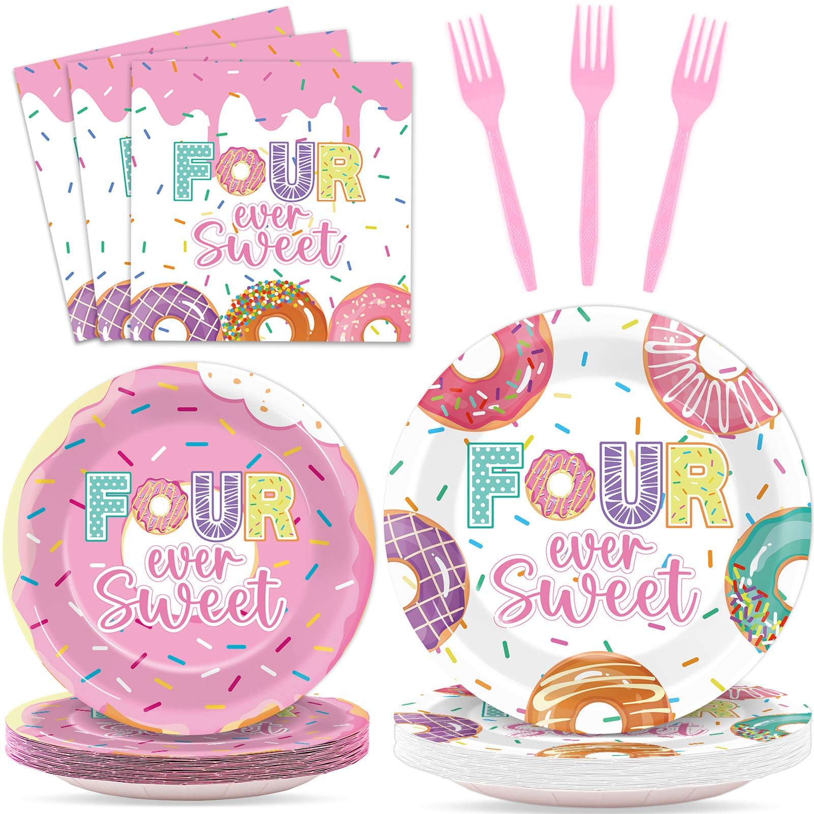 96 Pcs 4th Birthday Donut Party Decoration for 24 Guests Four Sweet Donut Paper Plates Napkins Four Years Old Themed Tableware Set Table Supplies 4th