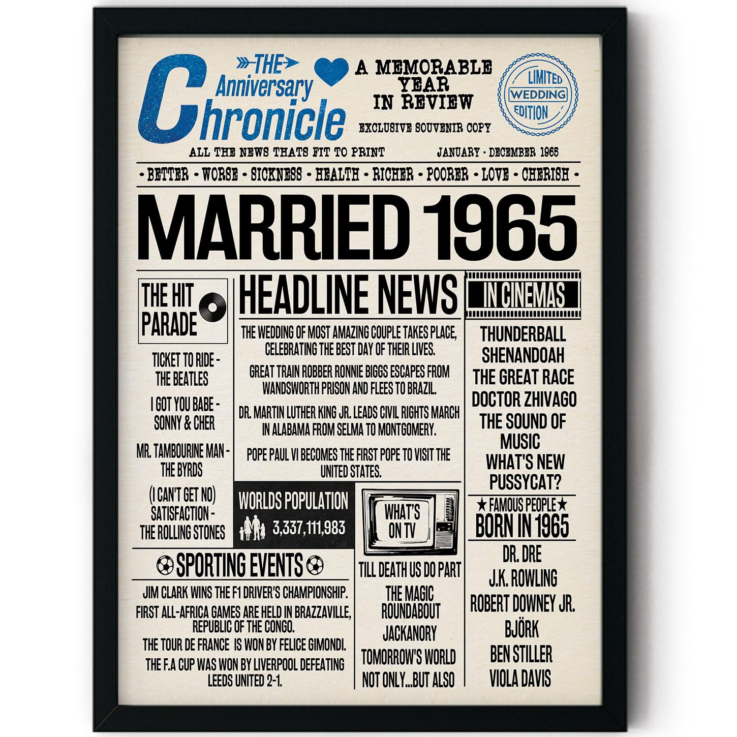 Stuff4 Men's 1965 61St Anniversary Poster Framed - Married In Newspaper - Happy 61St Wedding Anniversary For Wo Vintage Gifts Retro Back In 8X10 Inch Anniversaries Posters