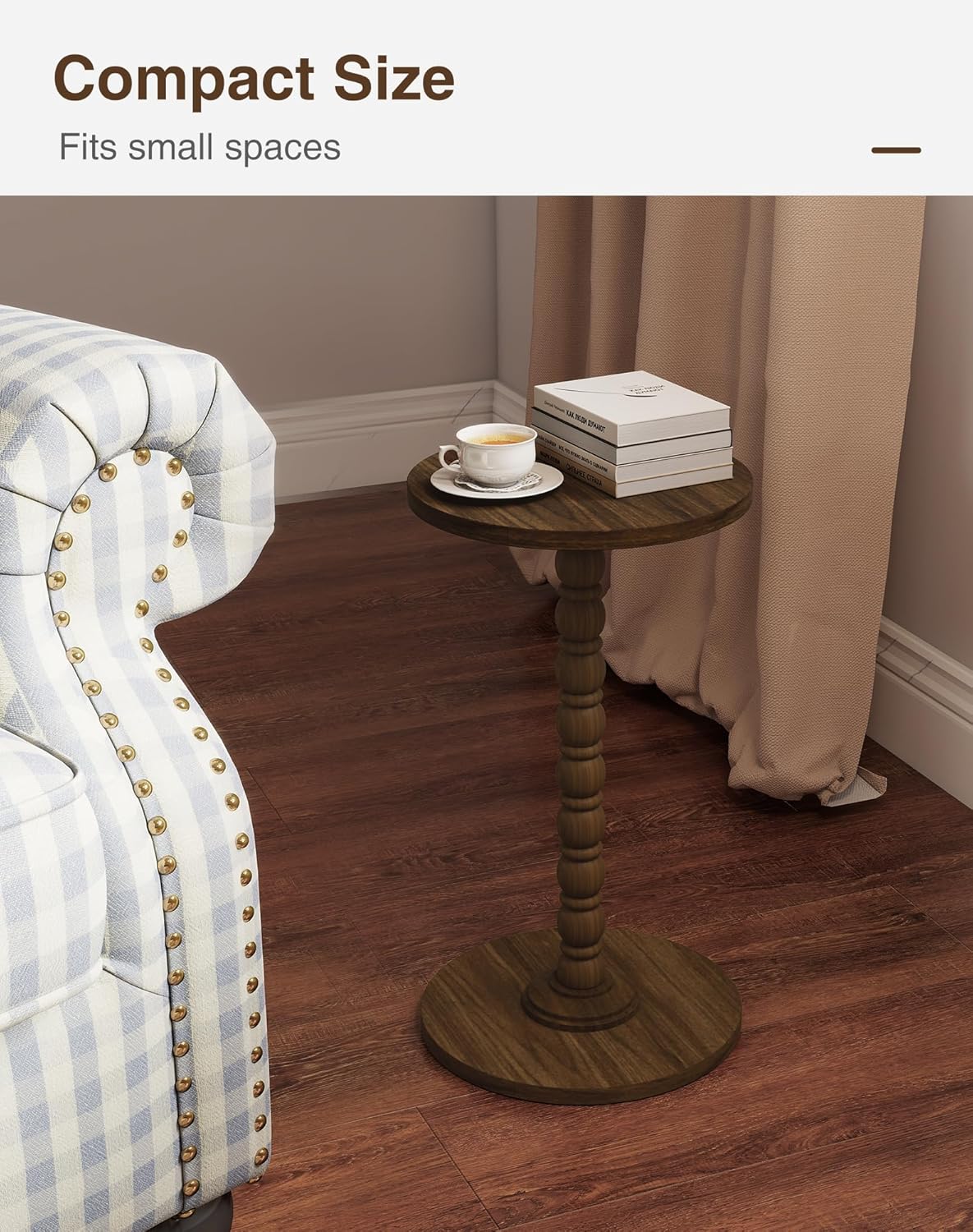 Modern Round Small End Table for Small Spaces, Pedestal Corner Side Table with Solid Wood Leg, Vintage Couch Drink Table for Sofa, Accent Coffee Tea Table for Living Room Bedroom, Walnut