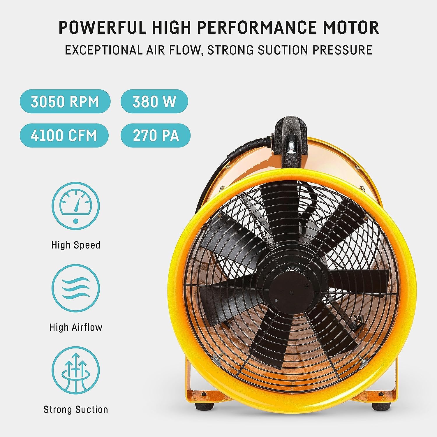 YITAHOME 8 Inch Portable Exhaust Fan - High Speed Utility Blower With 16FT Hose For Ventilation, Paint Booths, Workshops & Industrial Use
