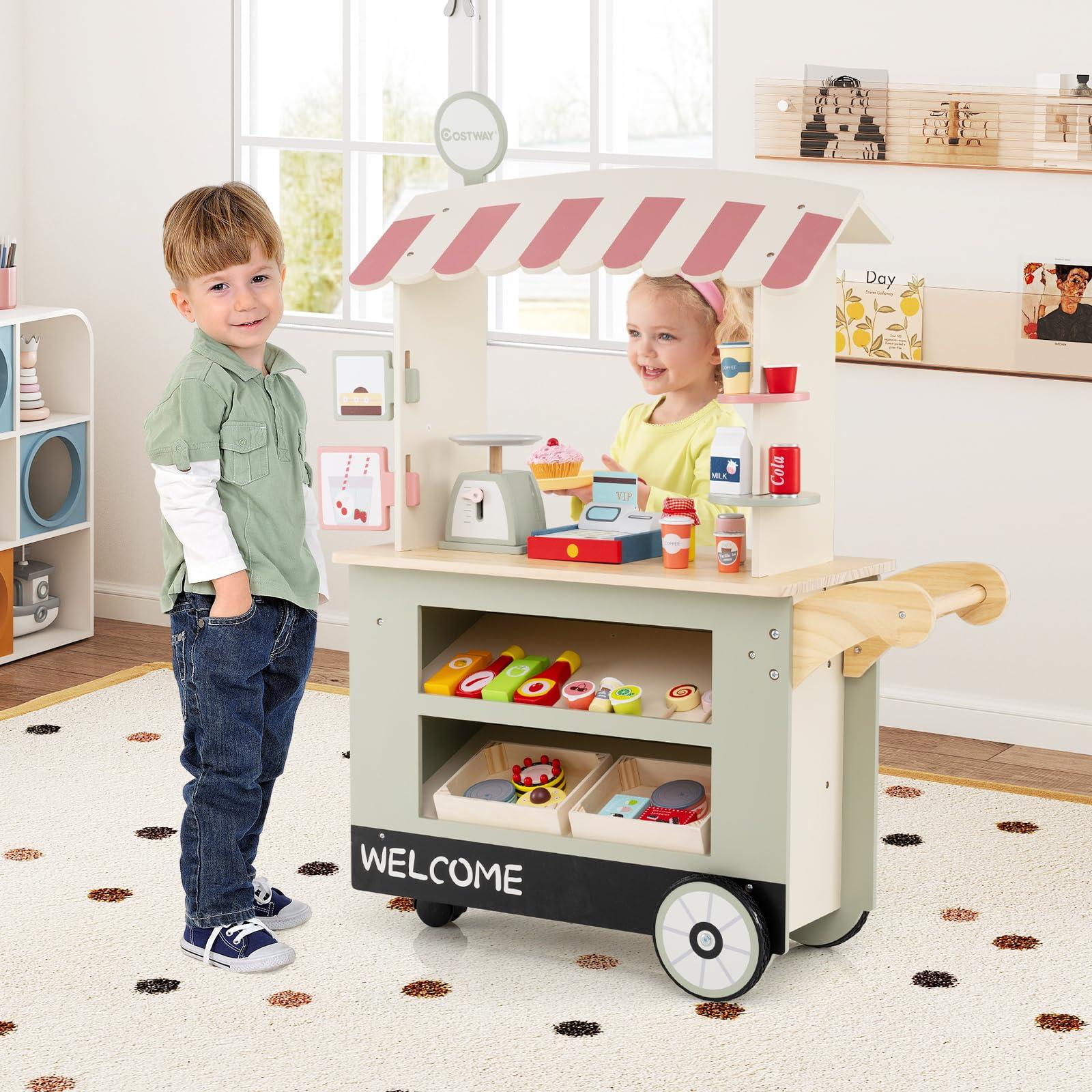 HOMASIS Kaufladen Kaufmannsladen Holz mit 30 Spielzubehör, Verkaufsstand Supermarkt-Set mit 3 Rädern, Lebensmittelwagen mit Kasse, POS & Waage, Verkaufswagen Rollspiel für Kinder ab 3 Jahren (Grün)