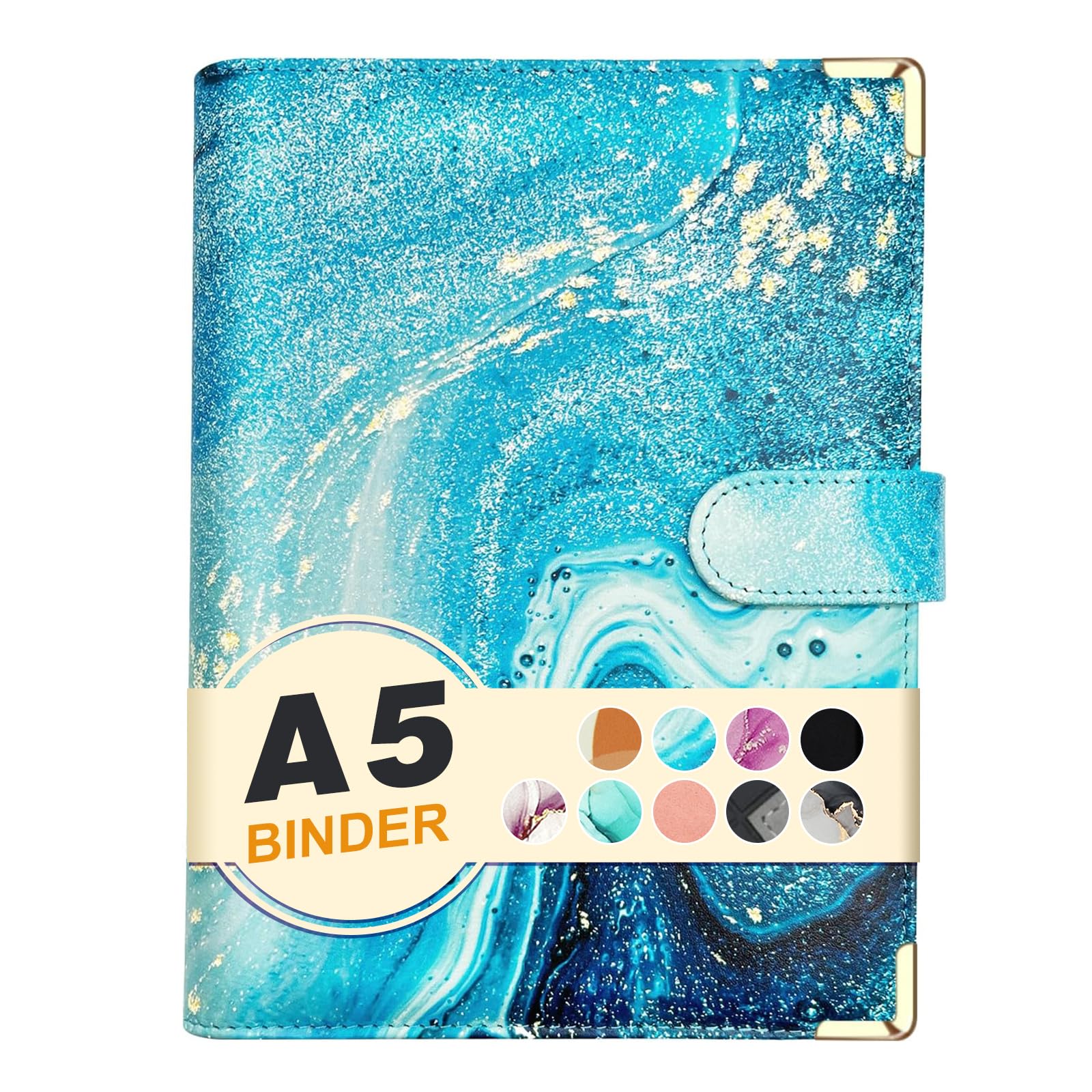 A5 Refillable 6 Ring Faux Leather Budget Binder,Mini Notebook Binder Cover for A5 Filler Paper,Loose Leaf Personal Planner Cover with Magnetic Buckle Closure(Marble Blue)