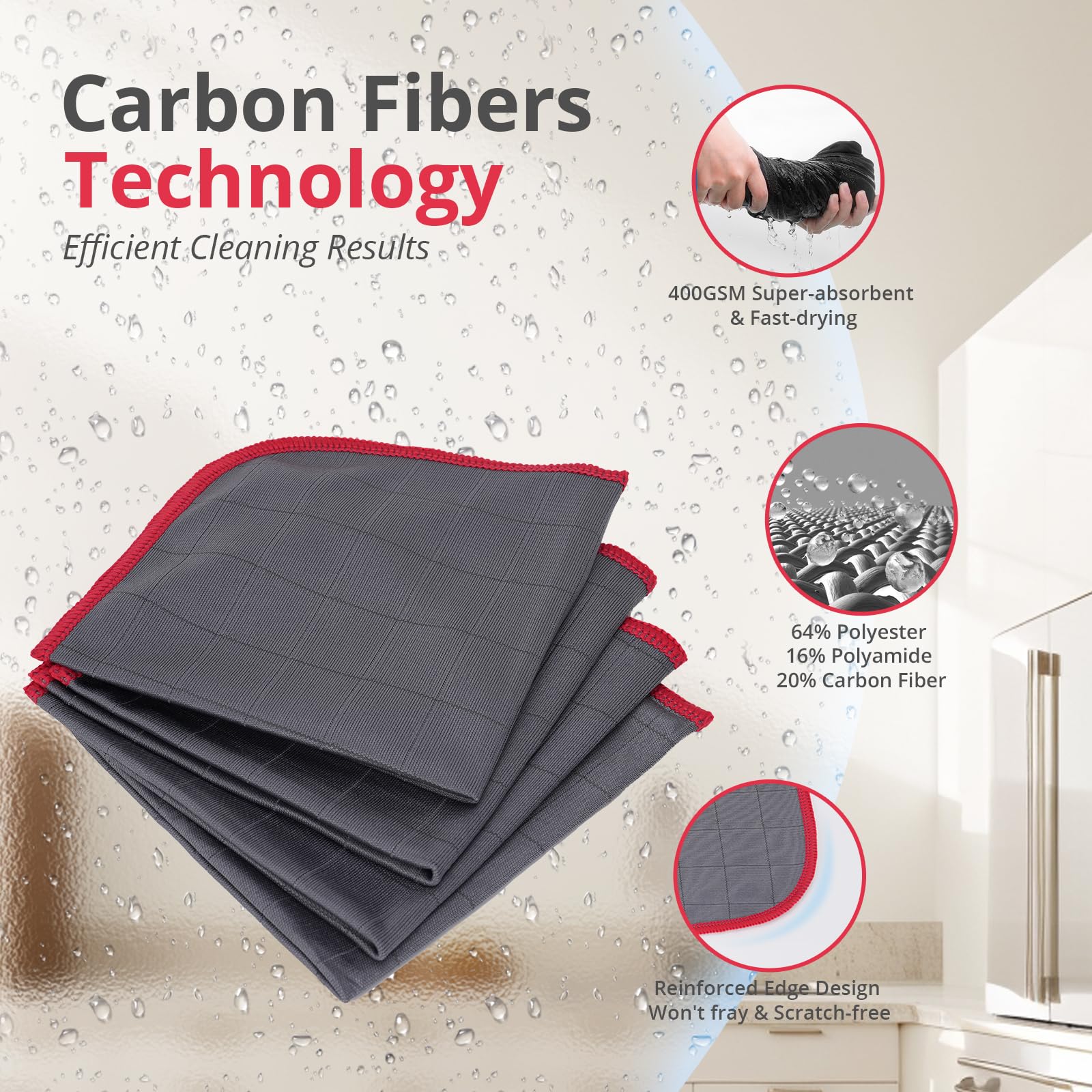 Set di 4 Panni Magic Microfibra Carbonio 400 GSM, Panno Asciugamani Senza Aloni Catturapolvere Assorbenti Lucida, Strofinacci Pulire Vetri Pavimenti Bagno Casa Cucina Auto Moto