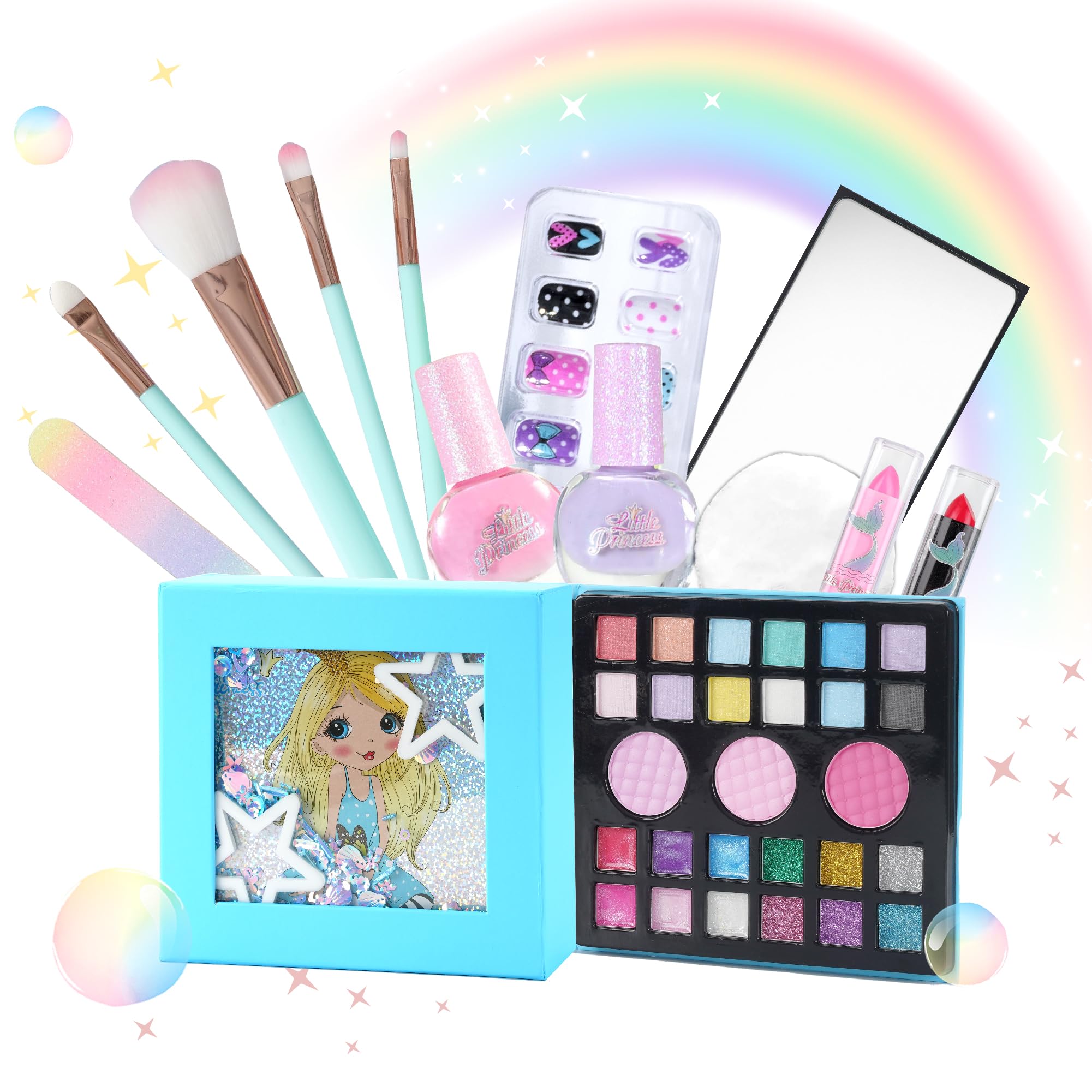 Kids Play Makeup Set for Girls, Real Washable Girls Toy Makeup Set for Kids with Mirror, Non Toxic Fold Out Play Make Up Kits for Little Girls Age 5 6 7 8 9 10 11 12 Years Old (Blue)