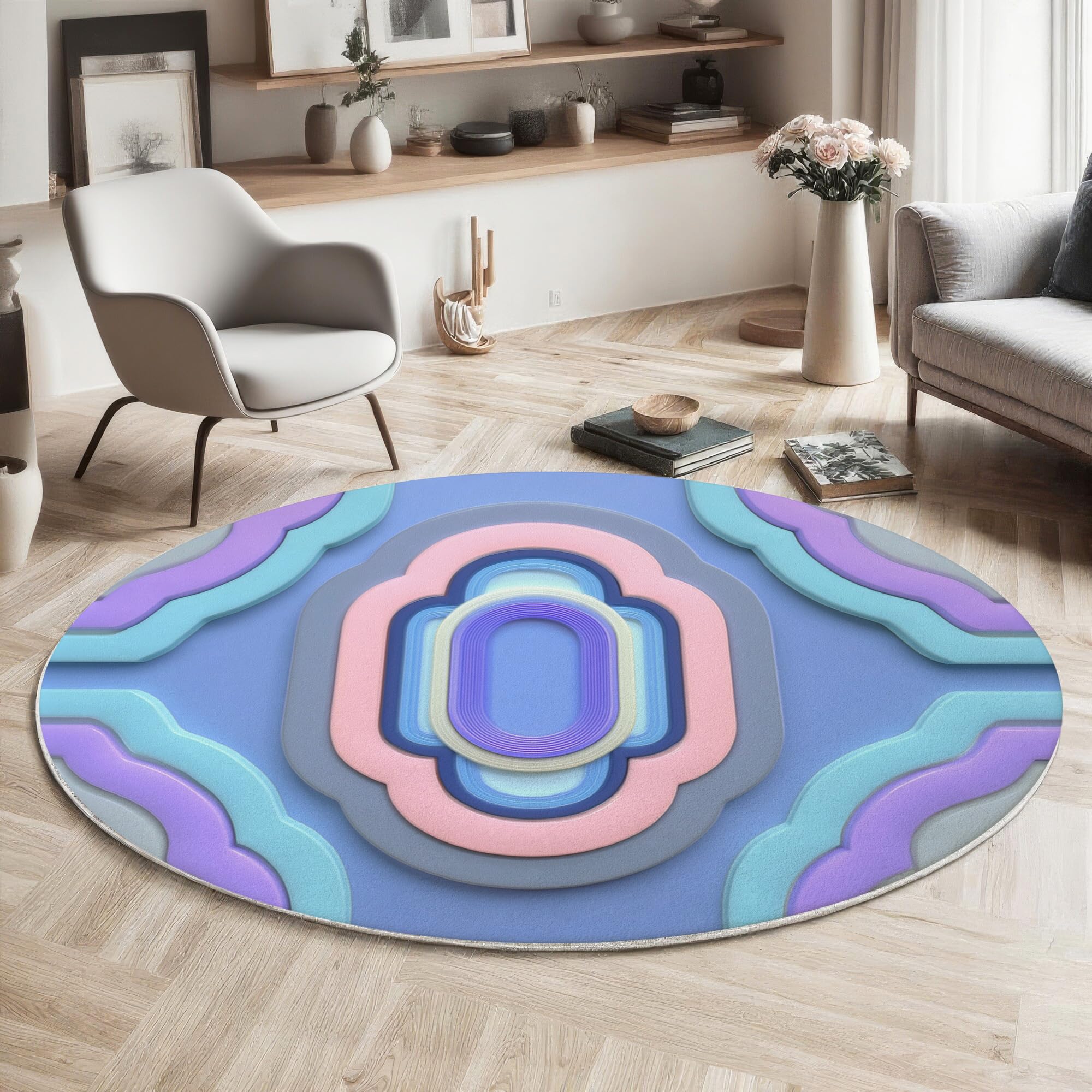 Tapis de salon lavable en machine bleu rond 200cm antidérapant