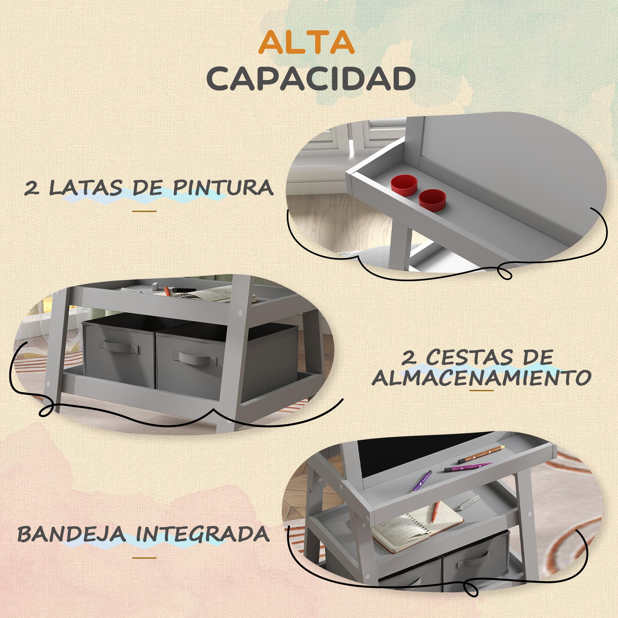 AIYAPLAY Pizarra Infantil Caballete 3 en 1 Pizarra Infantil de Doble Cara Magnética Caballete de Pintura para Niños con Rollo de Papel y Cestas de Almacenamiento 59x48x118 cm Gris