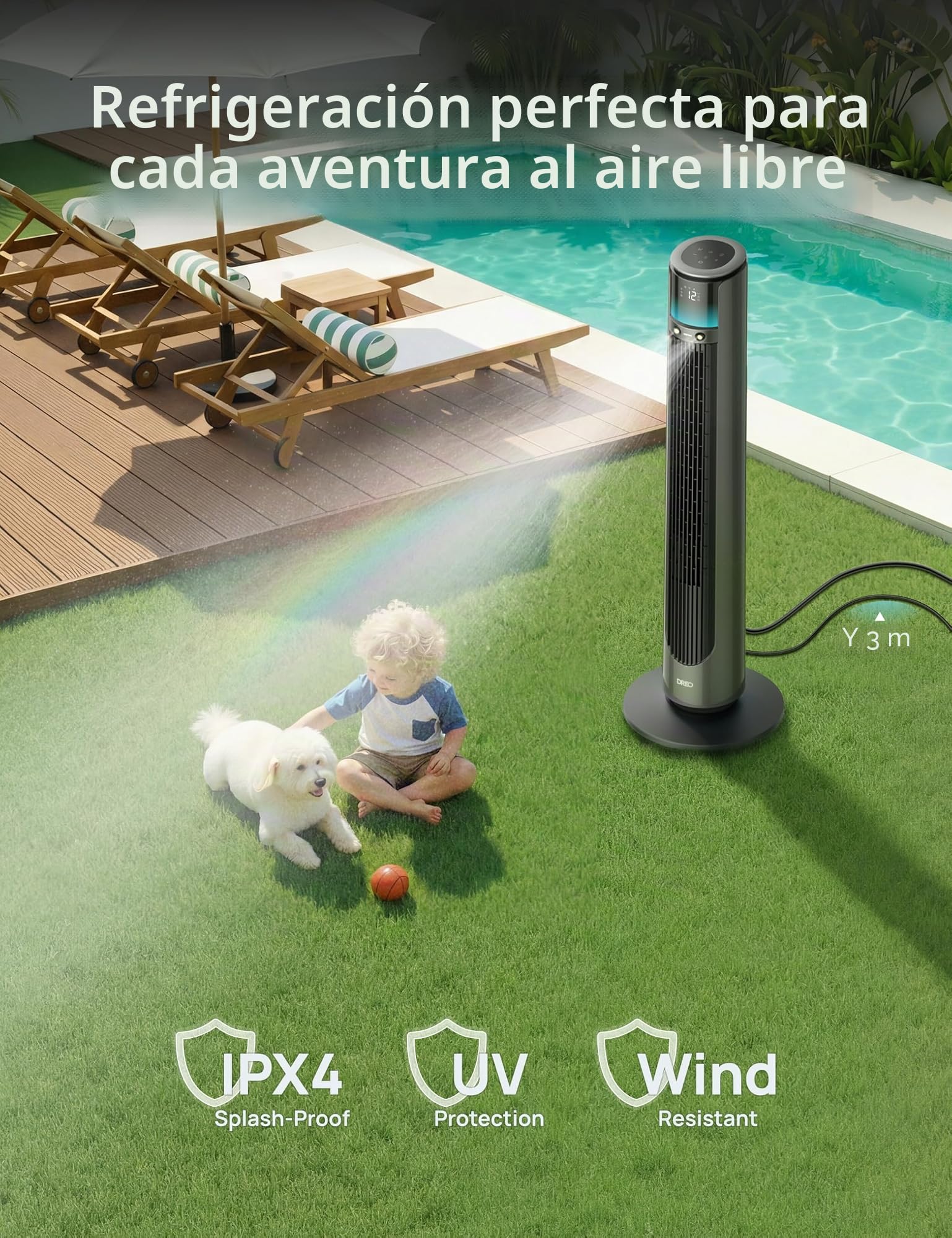 Ventilador de niebla exterior DREO TurboCool 711AS, potencia 10 m/s, 12 niveles, 4 modos, ventilador de pie inteligente, oscilación de 150°, silenciador de 20 dB, motor de CC, resistente a la