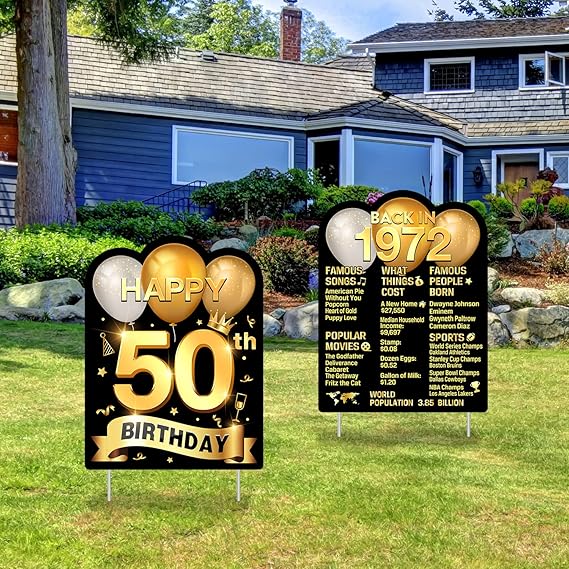 2 Pack 50th Birthday Yard Sign with Stakes, Outdoor Lawn
