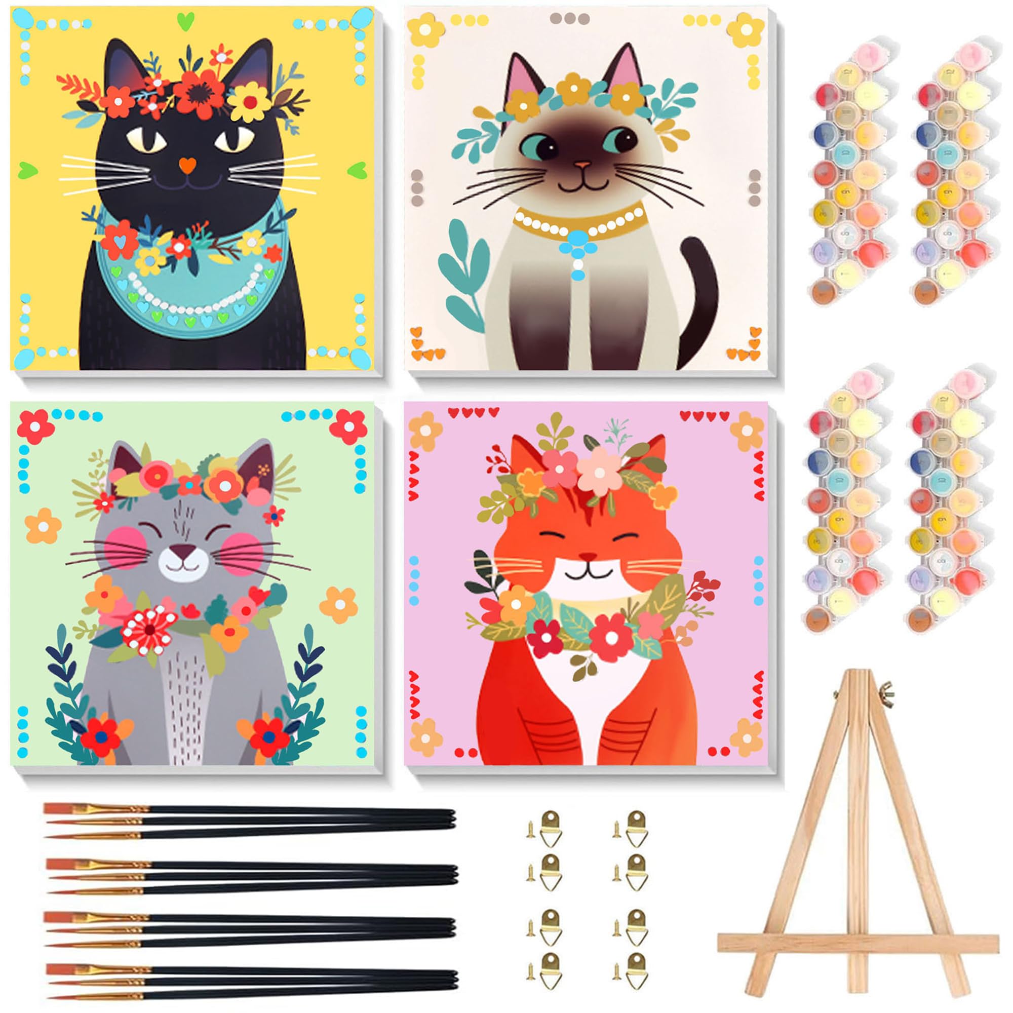 Pujeknm 4 Pack Cat Paint by Numbers for Children with Wooden Frame, Animal Paint by Numbers Kids Ages 6-8-12, DIY Painting by Number for Kids Acrylic Oil Canvas for Home Wall Decor (8X8 inch)