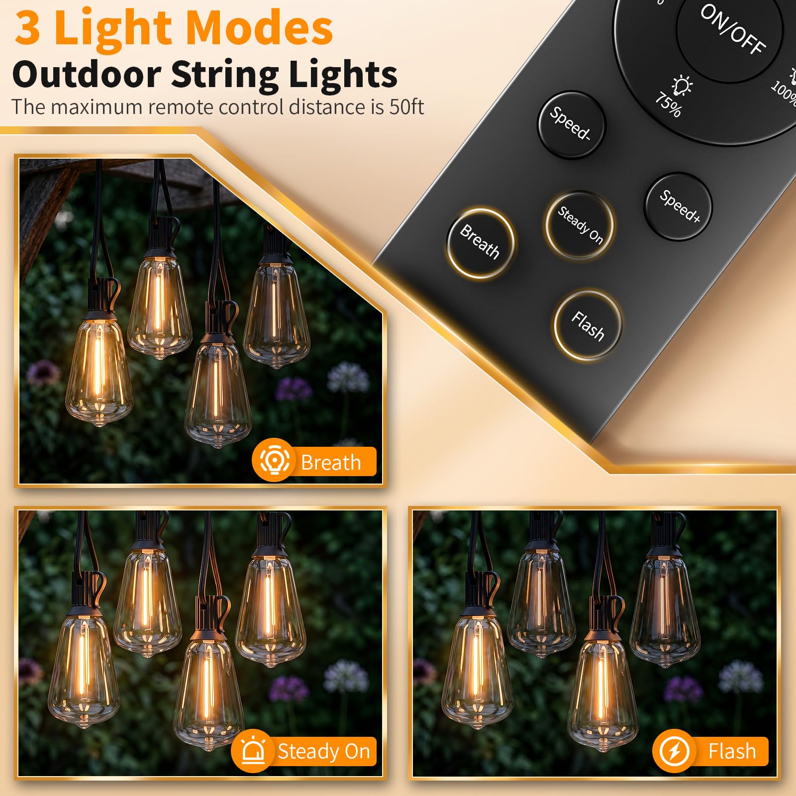 Hotsonic - Cadena de luces LED de control remoto para exteriores, impermeable, 50 pies con bombillas inastillables, luces colgantes regulables, 3 modos para patio, porche, jardín, pérgola patio, casa